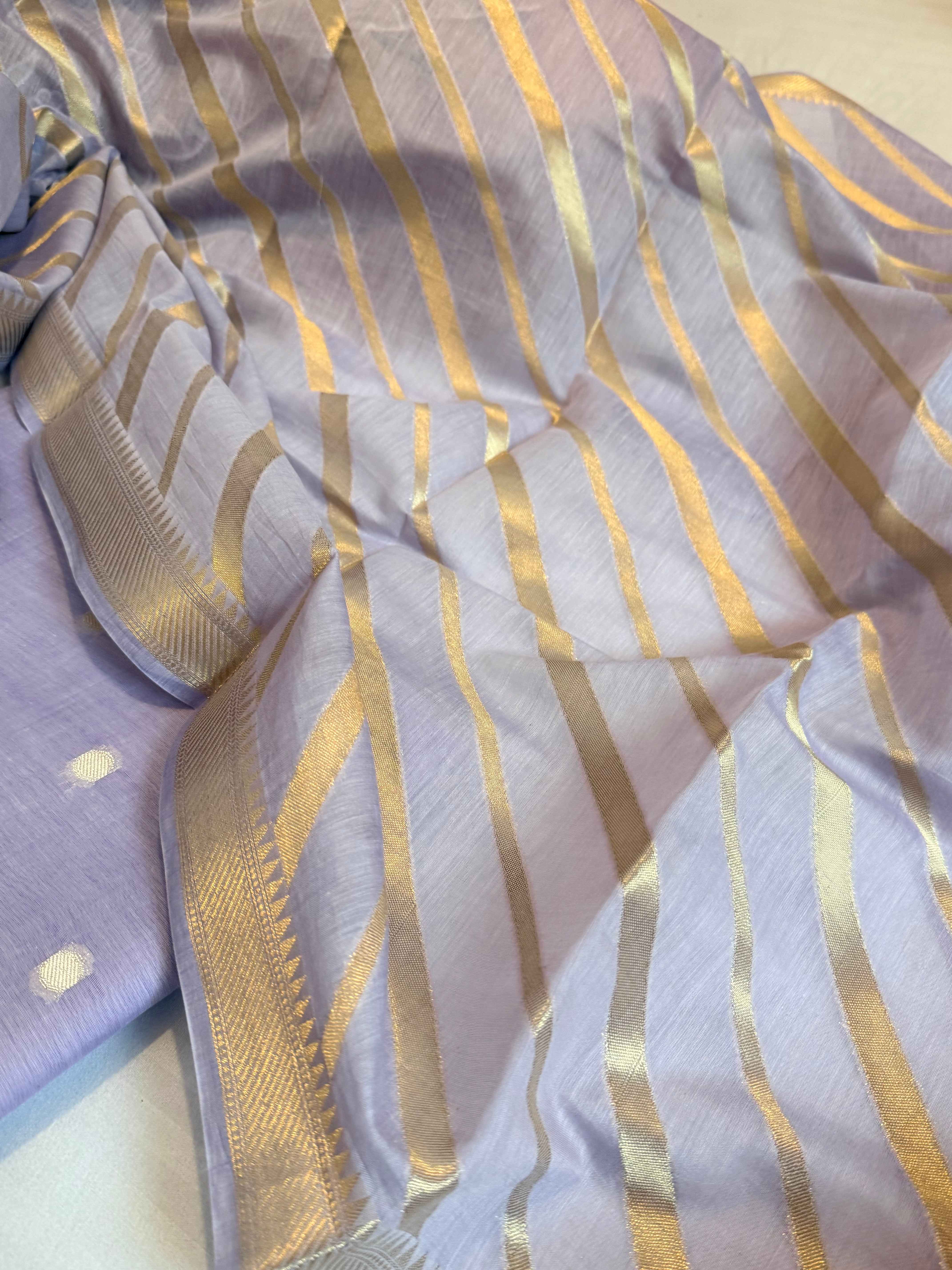 BELOW 8K - Lilac zari cotton striped kadhwa buti banarasi suit set