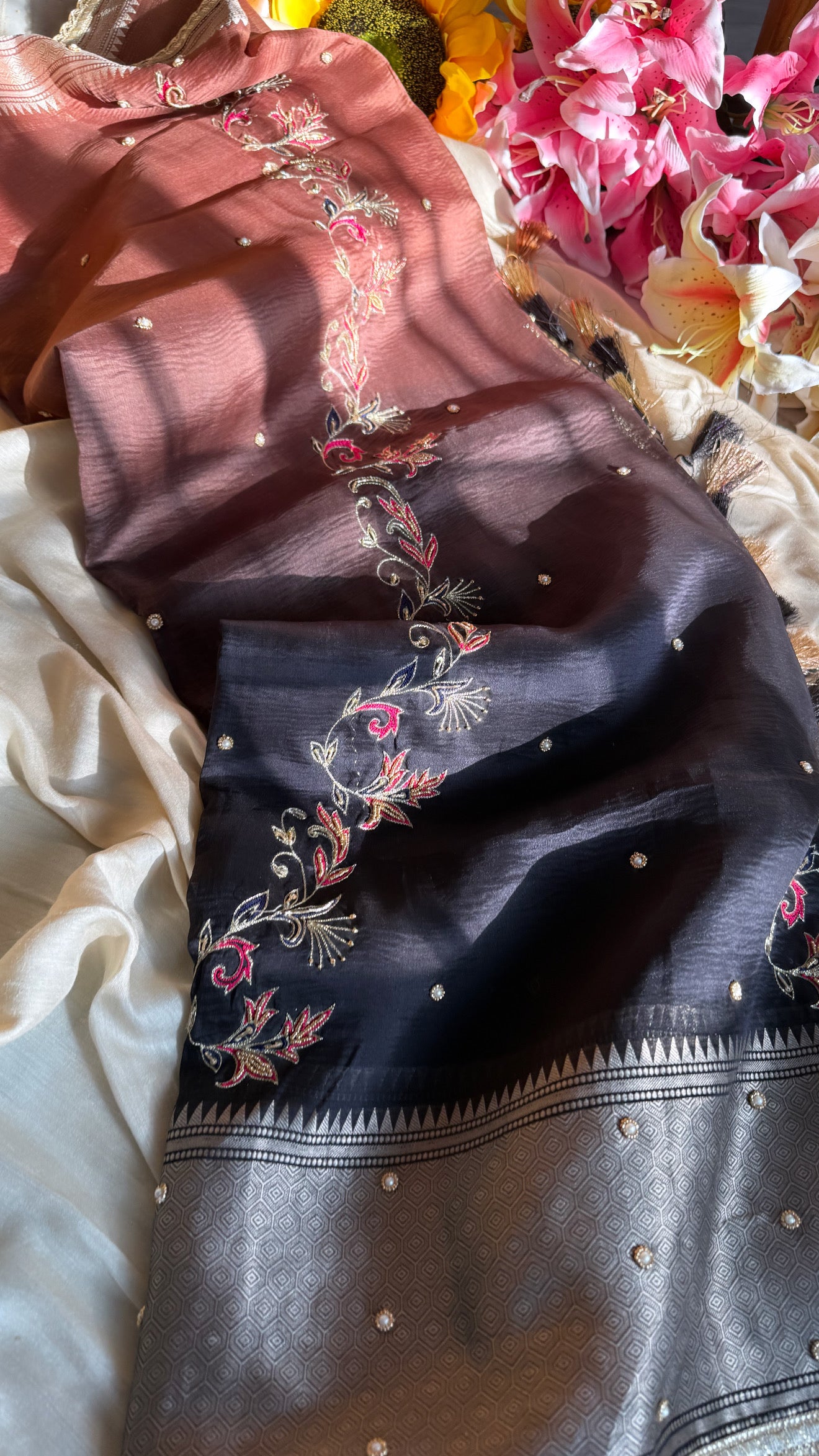 Dulhan ka pitara - Ombre shades of brown and black kora silk hand embroidered saree