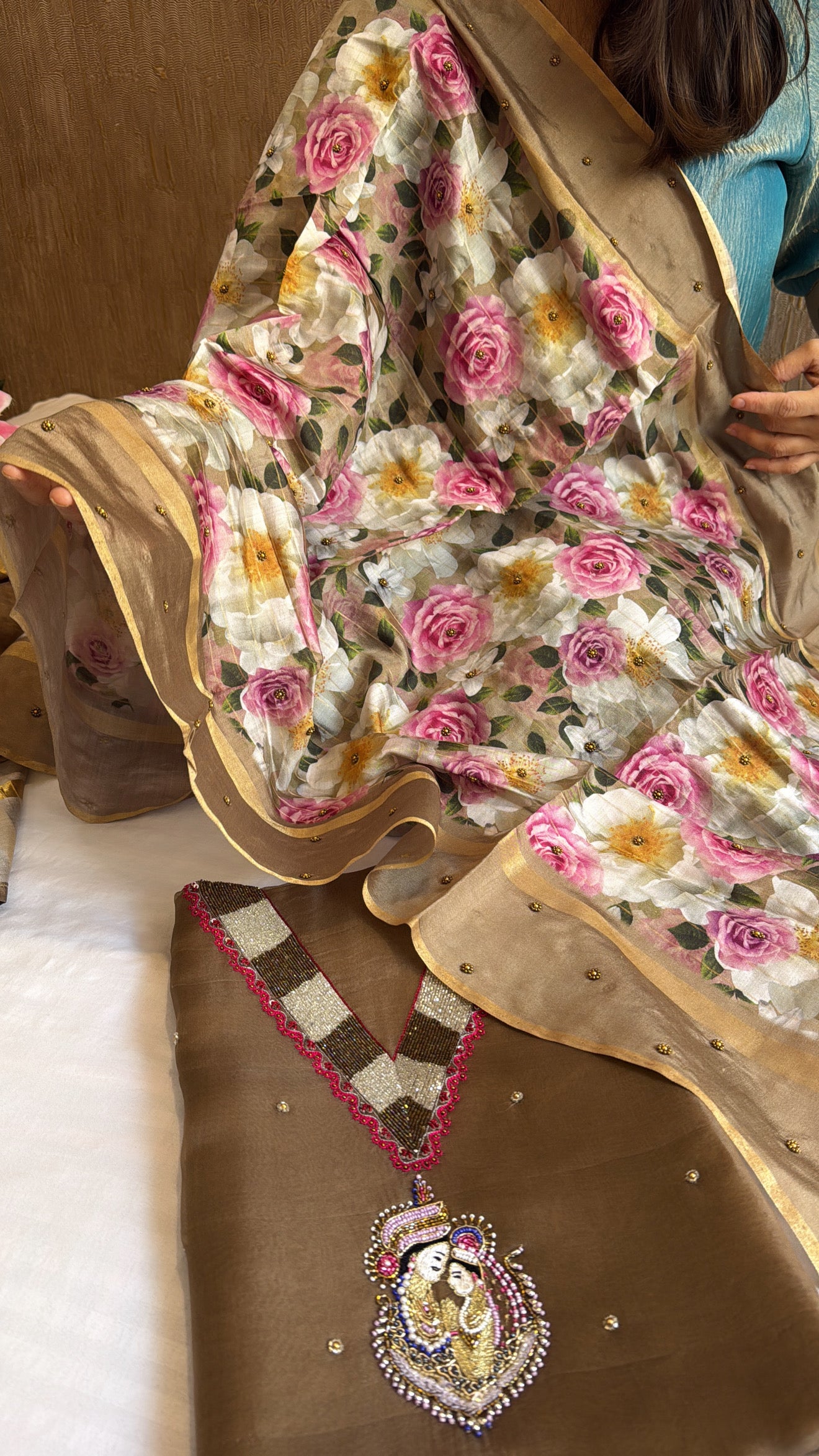 Kora silk rasleela neckline hand embroidered kurta paired with printed duppata set