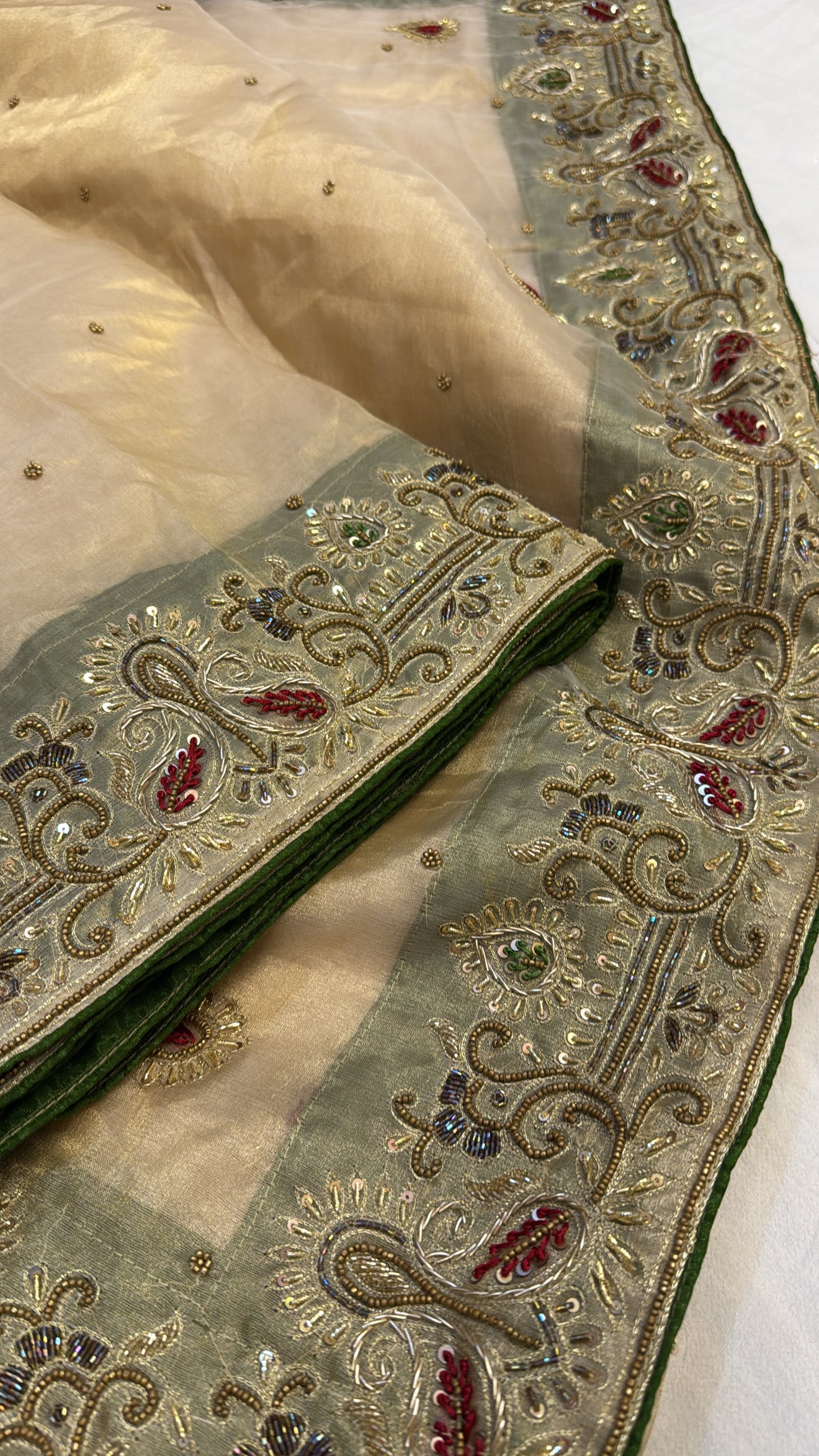 Golden zardozi heavy hand embroidered husn tissue silk contrast border saree