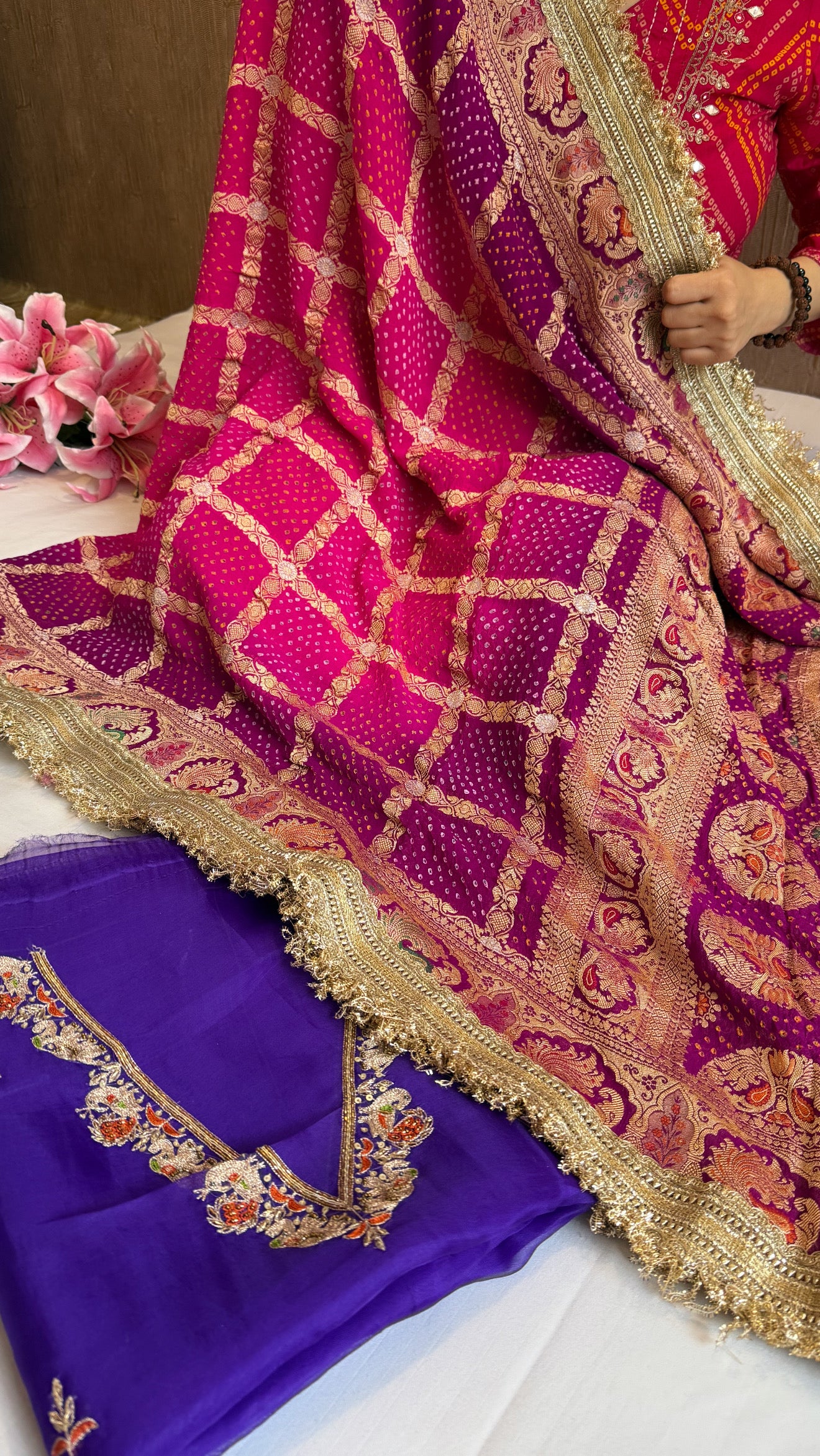 Rai bandhej gorgette kadhwa hand embroidered suit set