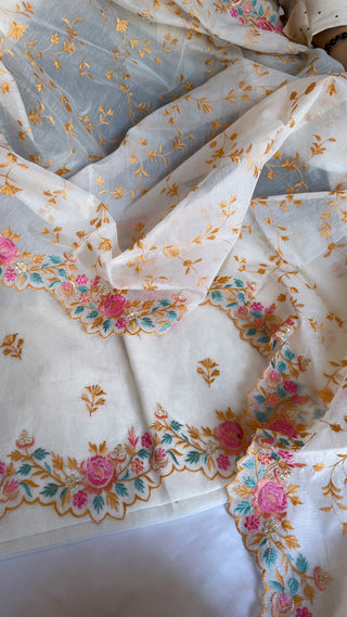 Mulmul banarasi cotton kadhwa resham embroidered soft suit set