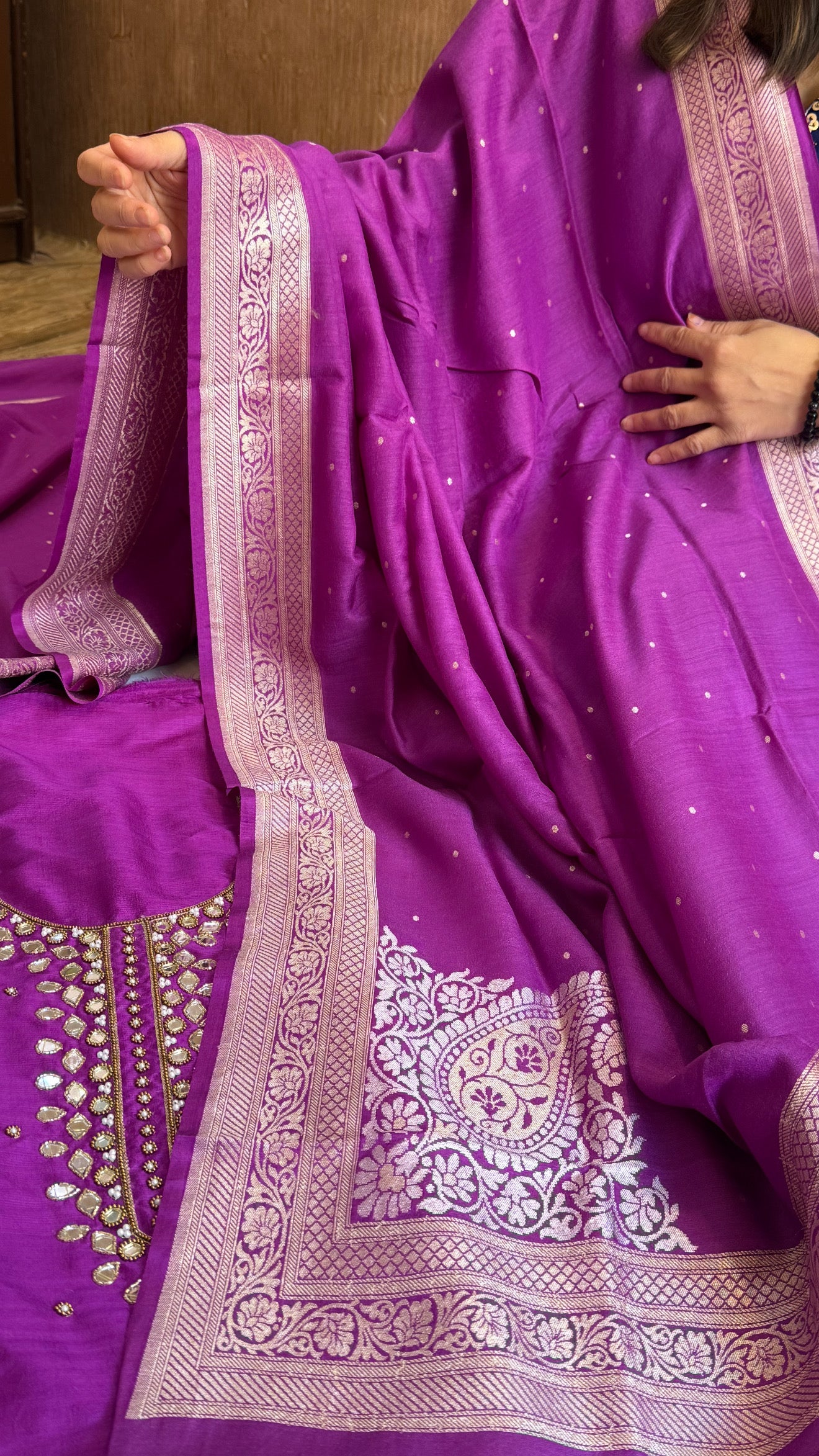 Sheesham deep purple mirror work hand embroidered katan silk kadhwa suit set