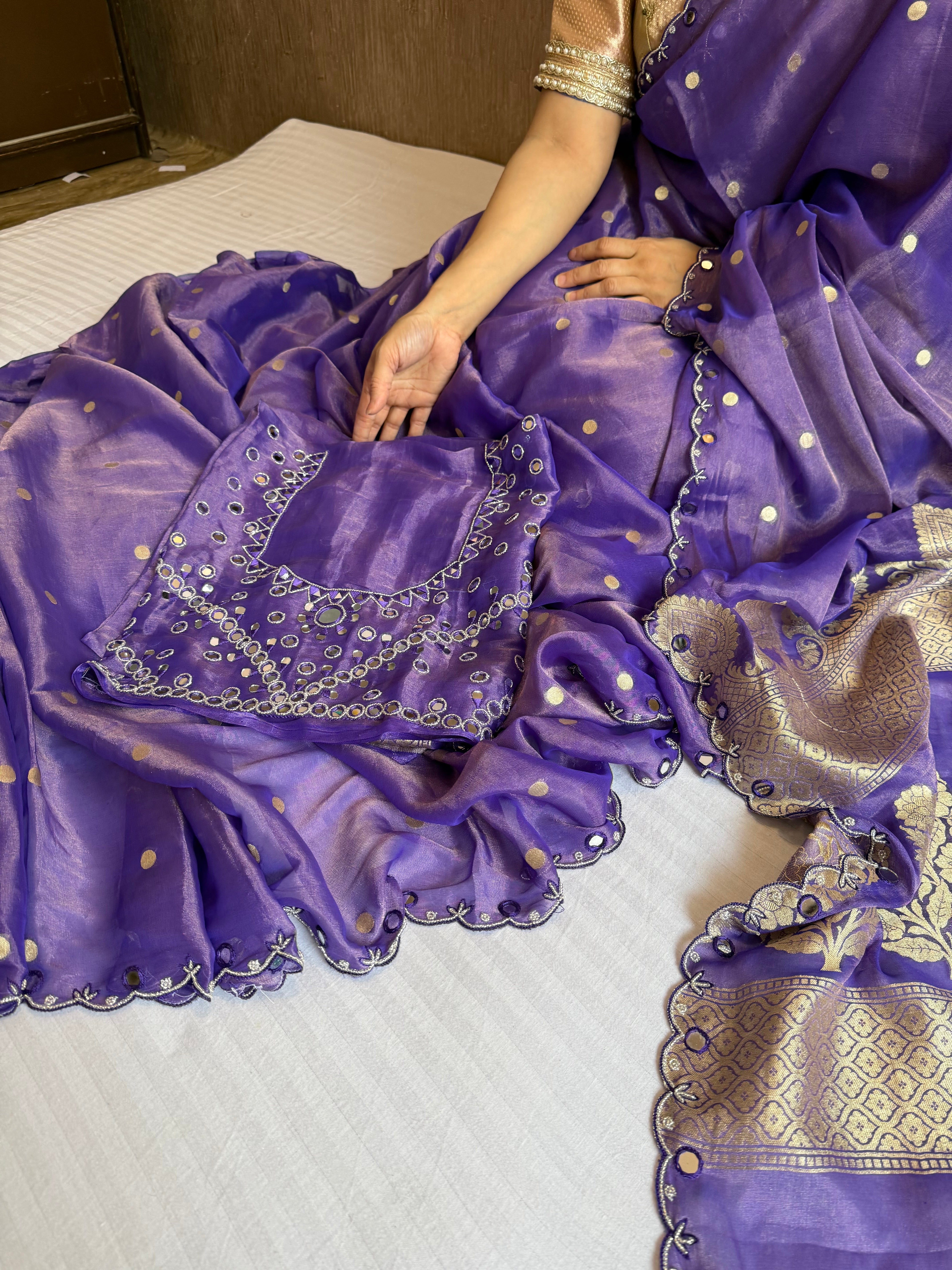 Deep purple tissue gorgette kadhwa mirror work hand embroidered saree