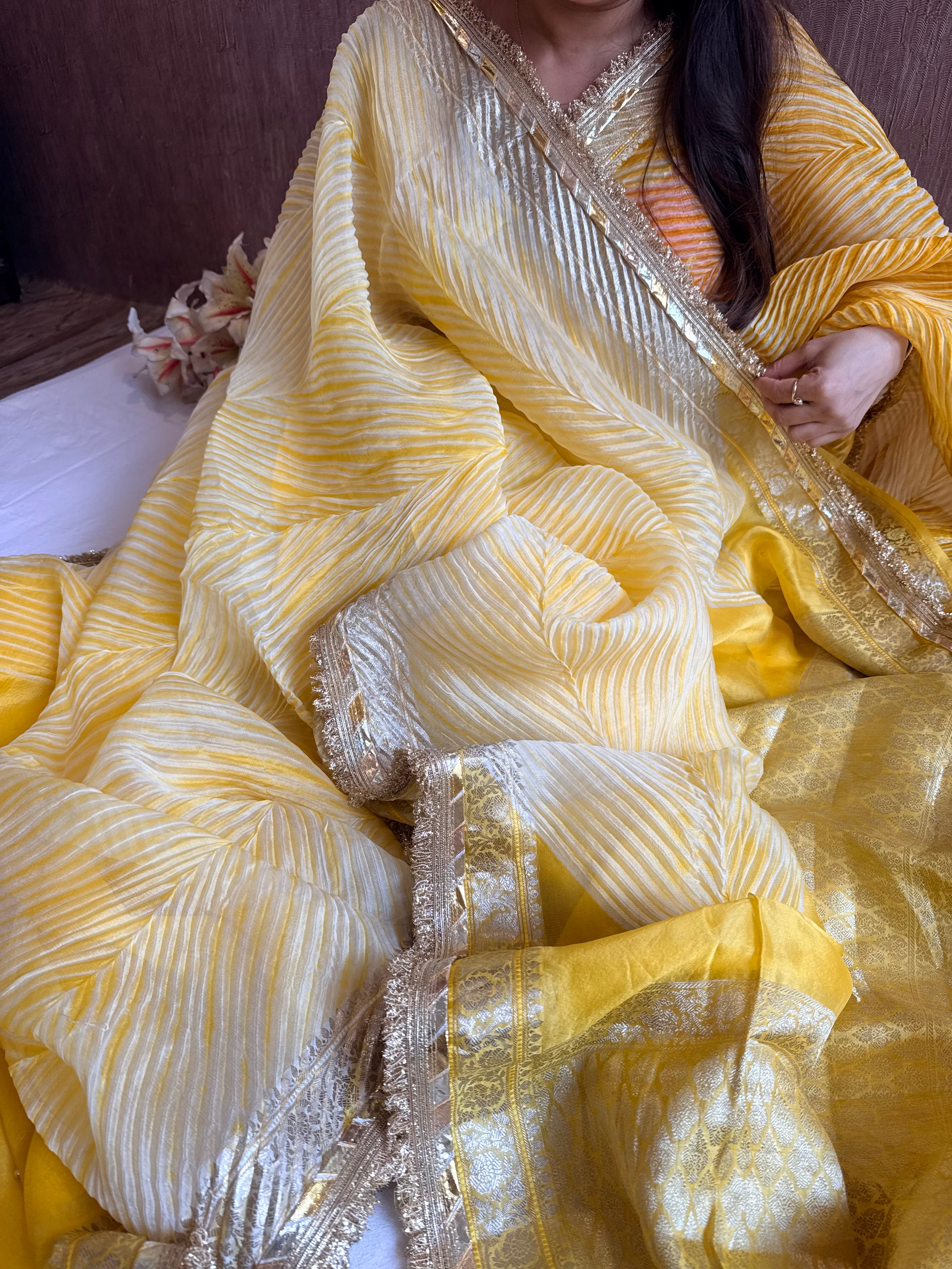 Arshi dye ghungro work kora silk banarasi kadhwa weaving saree
