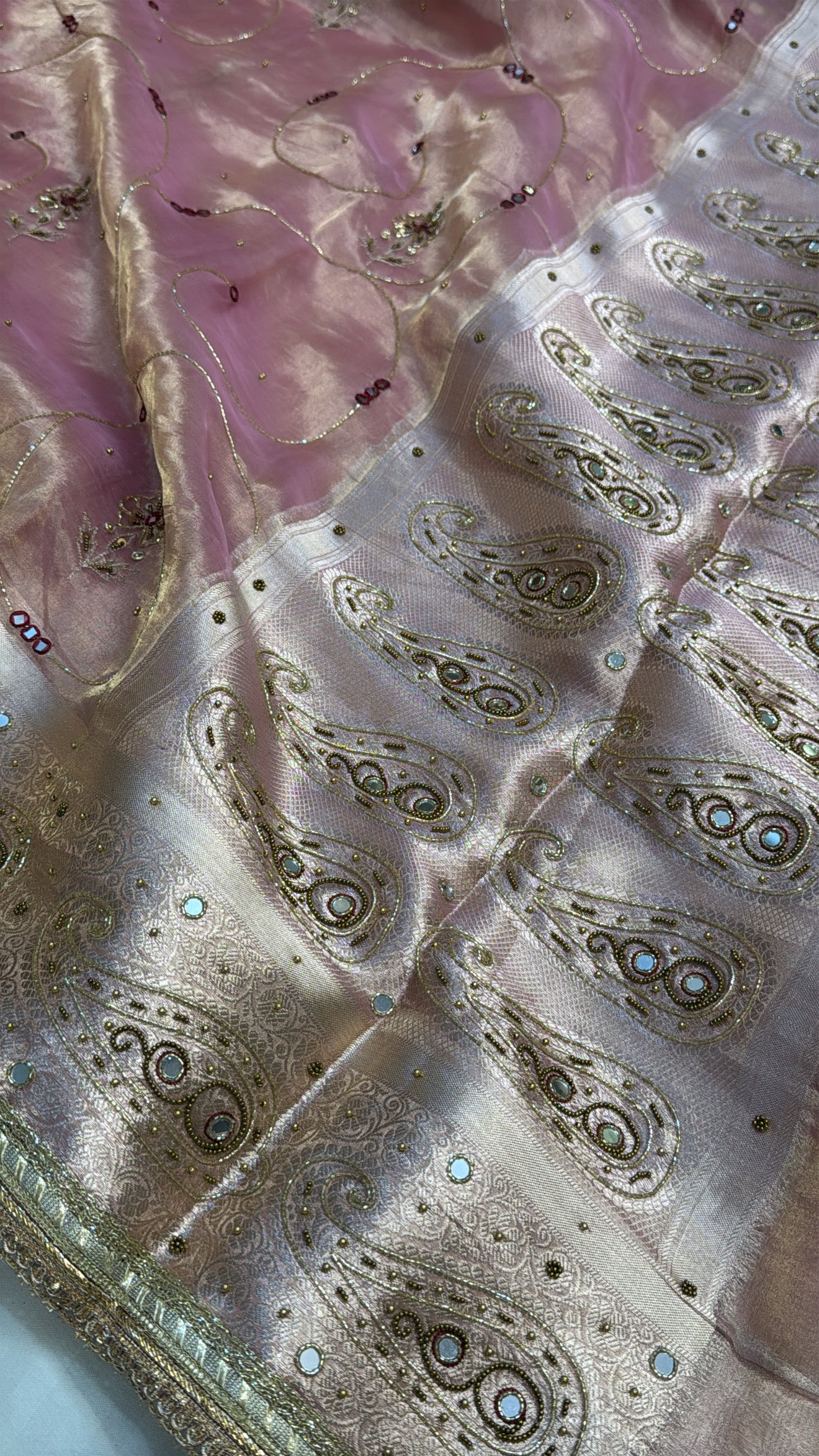 Blush pink tissue silk hand embroidered kadhwa saree