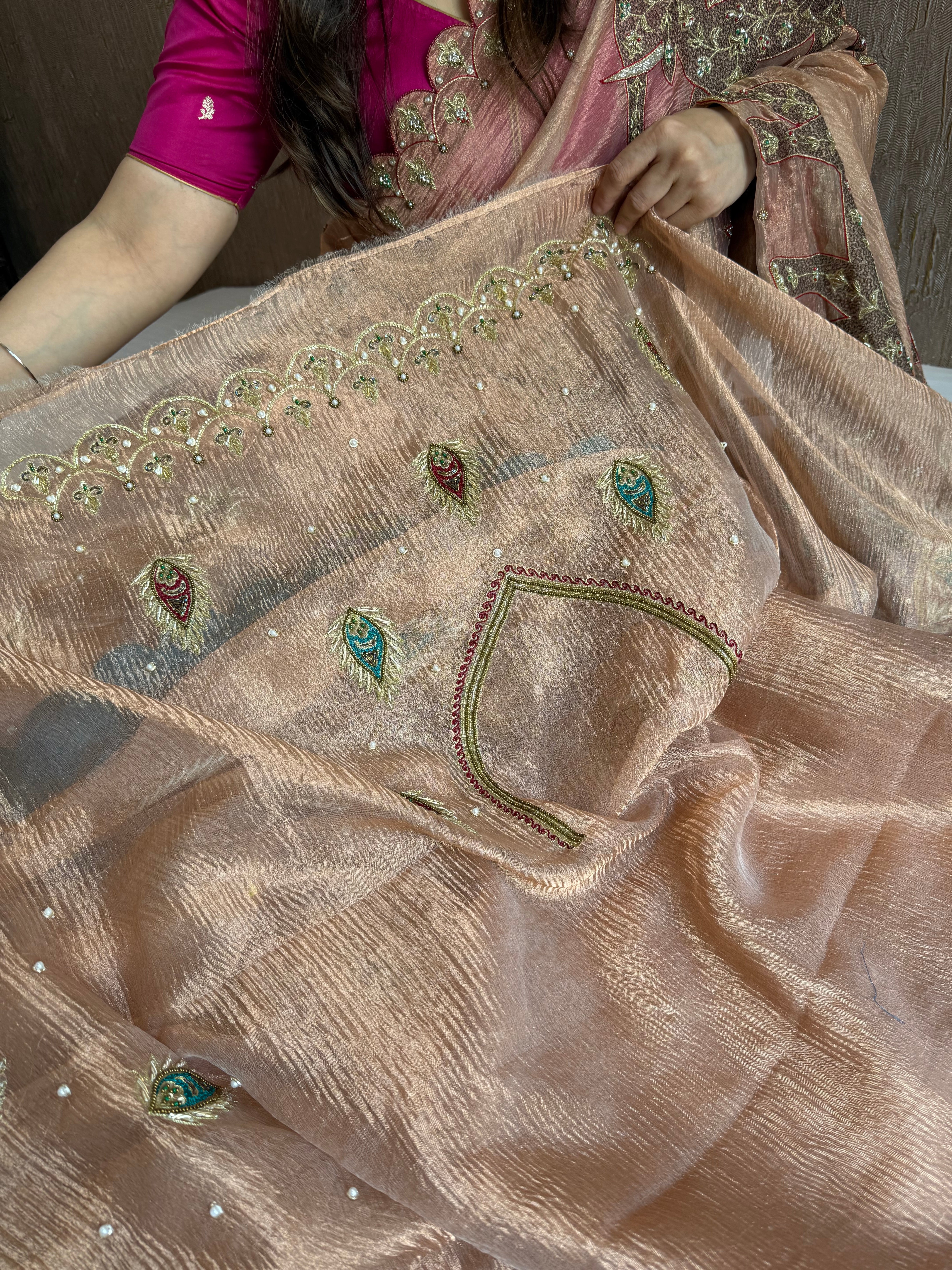 Gajgamini crushed copper tissue silk elephant meenakari motif heavy hand embroidered saree