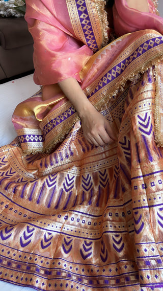 Peach tissue silk kali wala lehenga