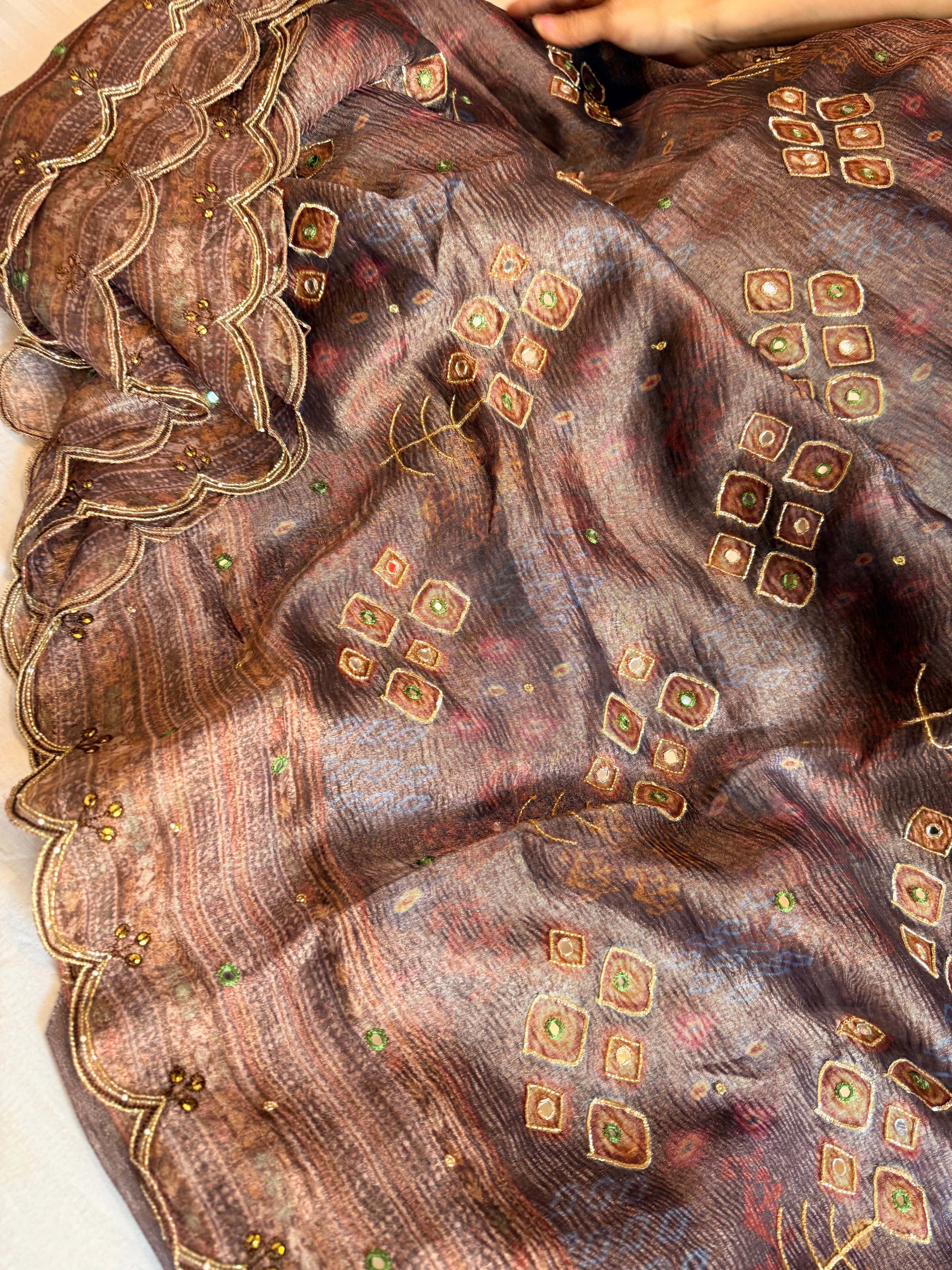 Printed tissue silk hand embroidered kadhwa gotapatti saree