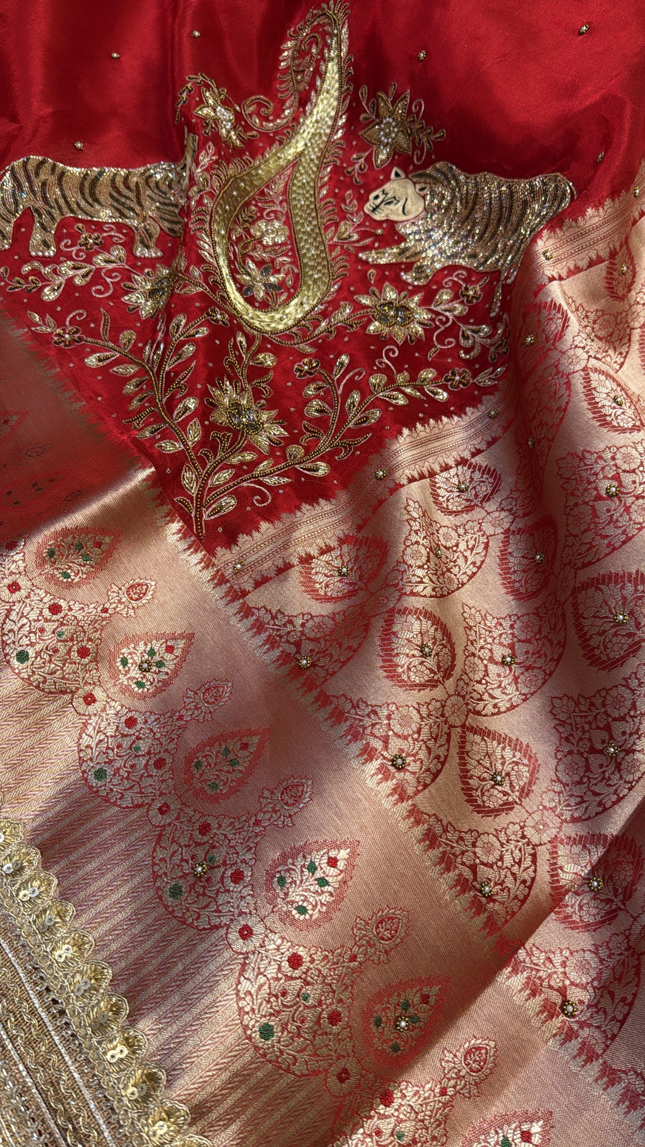 Red special - Husn hot red tissue silk tiger motif hand embroidered kadhwa saree
