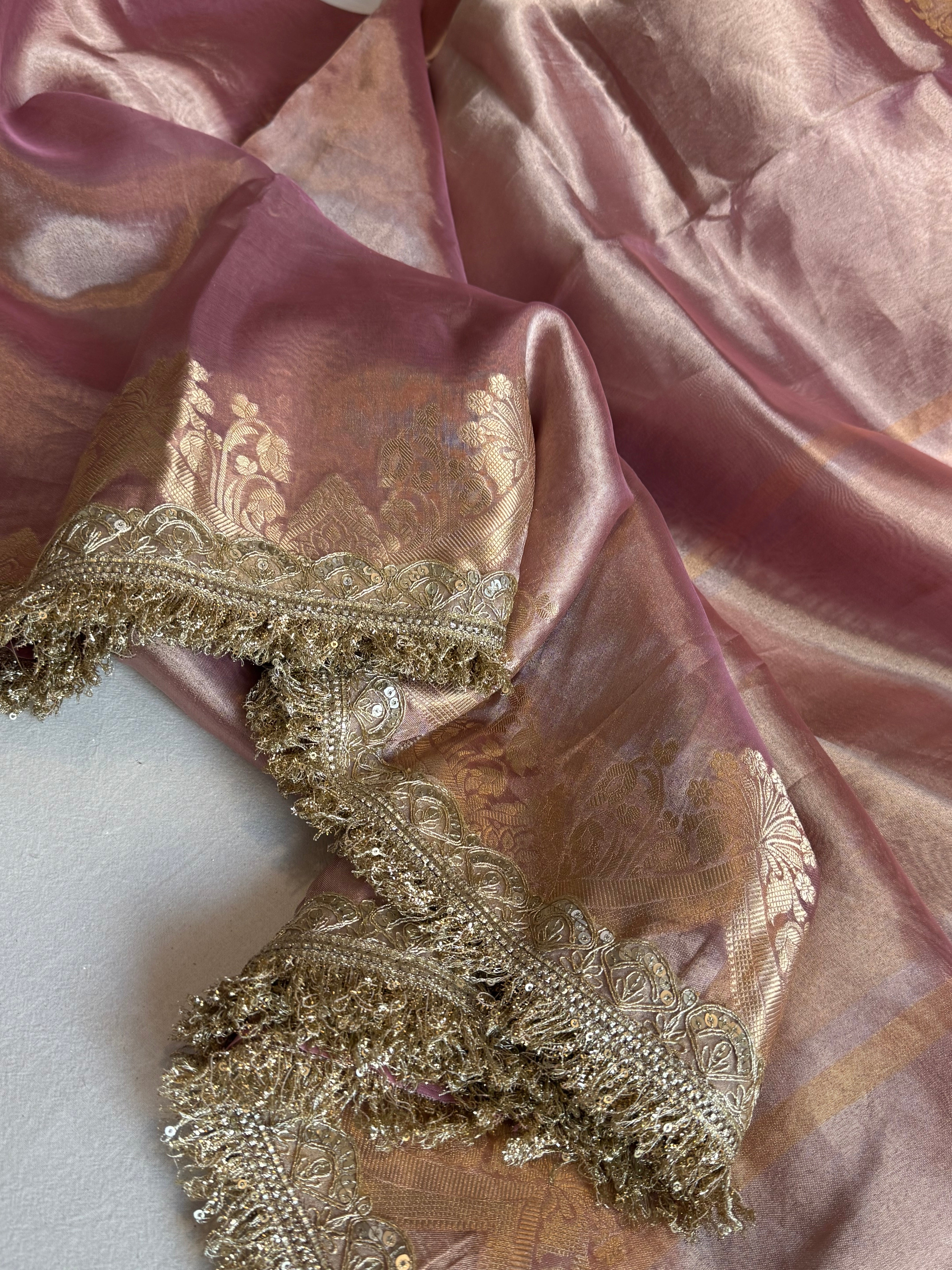 Maharani pastel blush pink tissue silk kadhwa saree