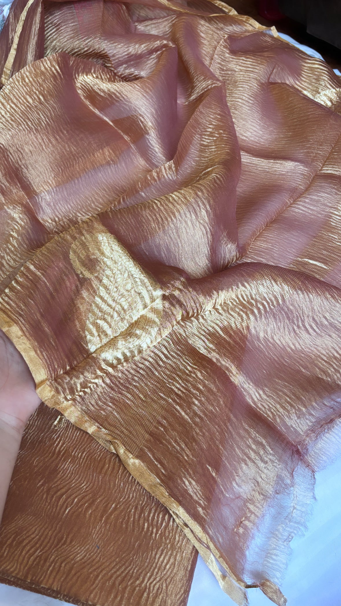 Pure banarasi nude pink crushed tiisue silk kadhwa sona rupa meenedar buti three piece suit set