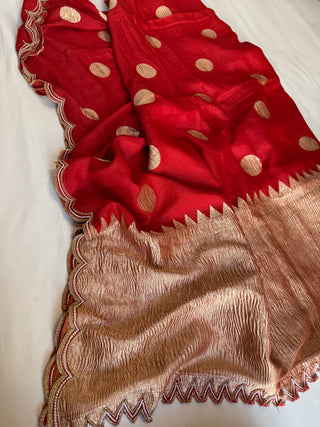 Mastani edit - Blood red moonga silk scalloped hand embroidered kadhwa saree