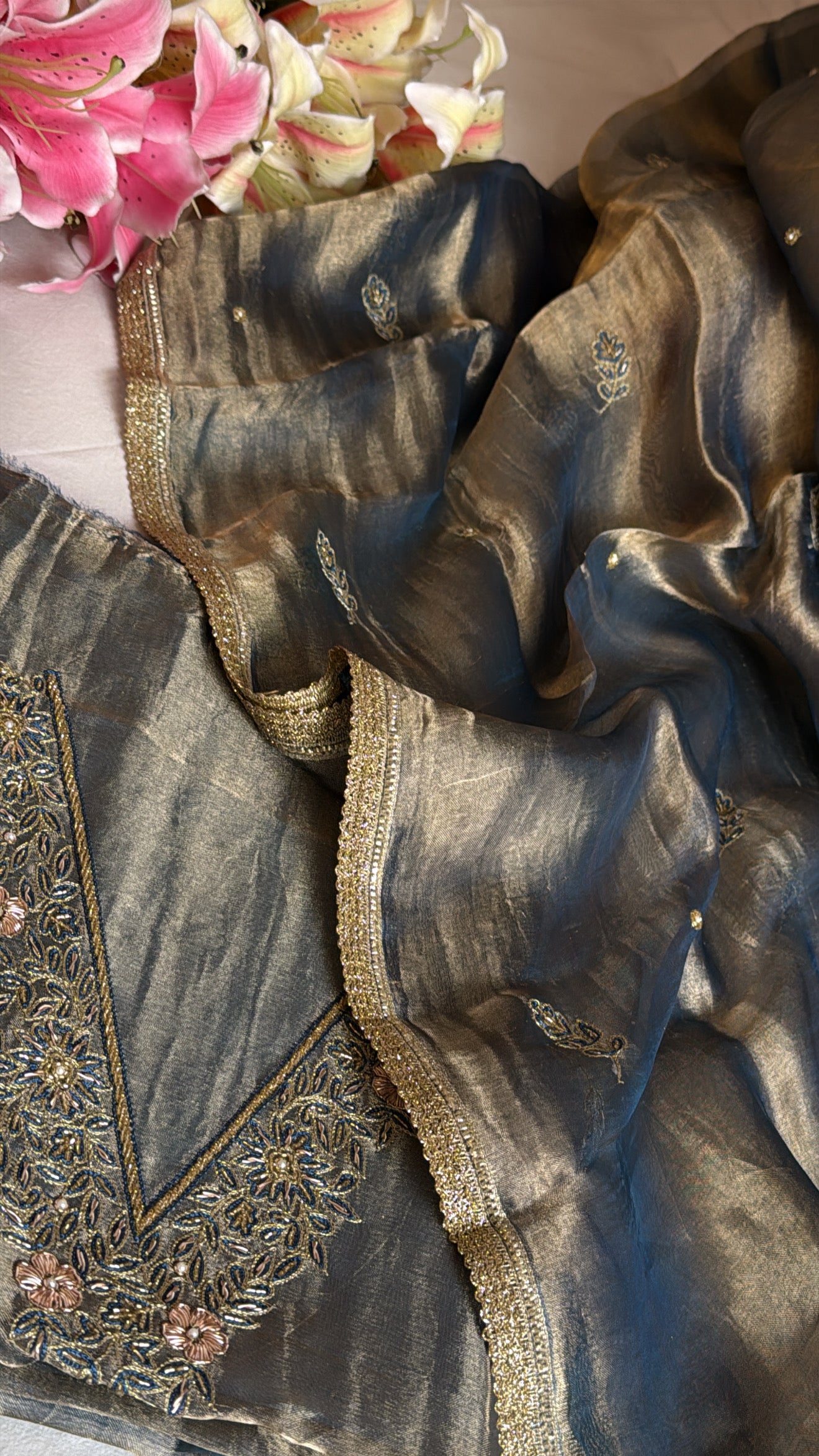 Persian blue tissue silk hand embroidered heeramandi kadhwa suit set