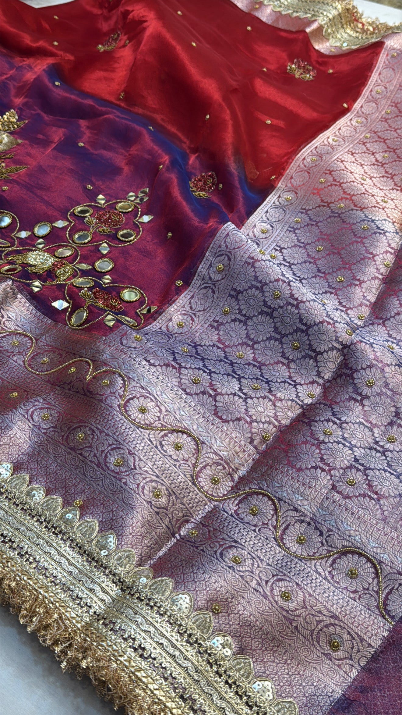 Dulhan ka joda husn dhup chao red tissue silk mirror work hand embroidered saree