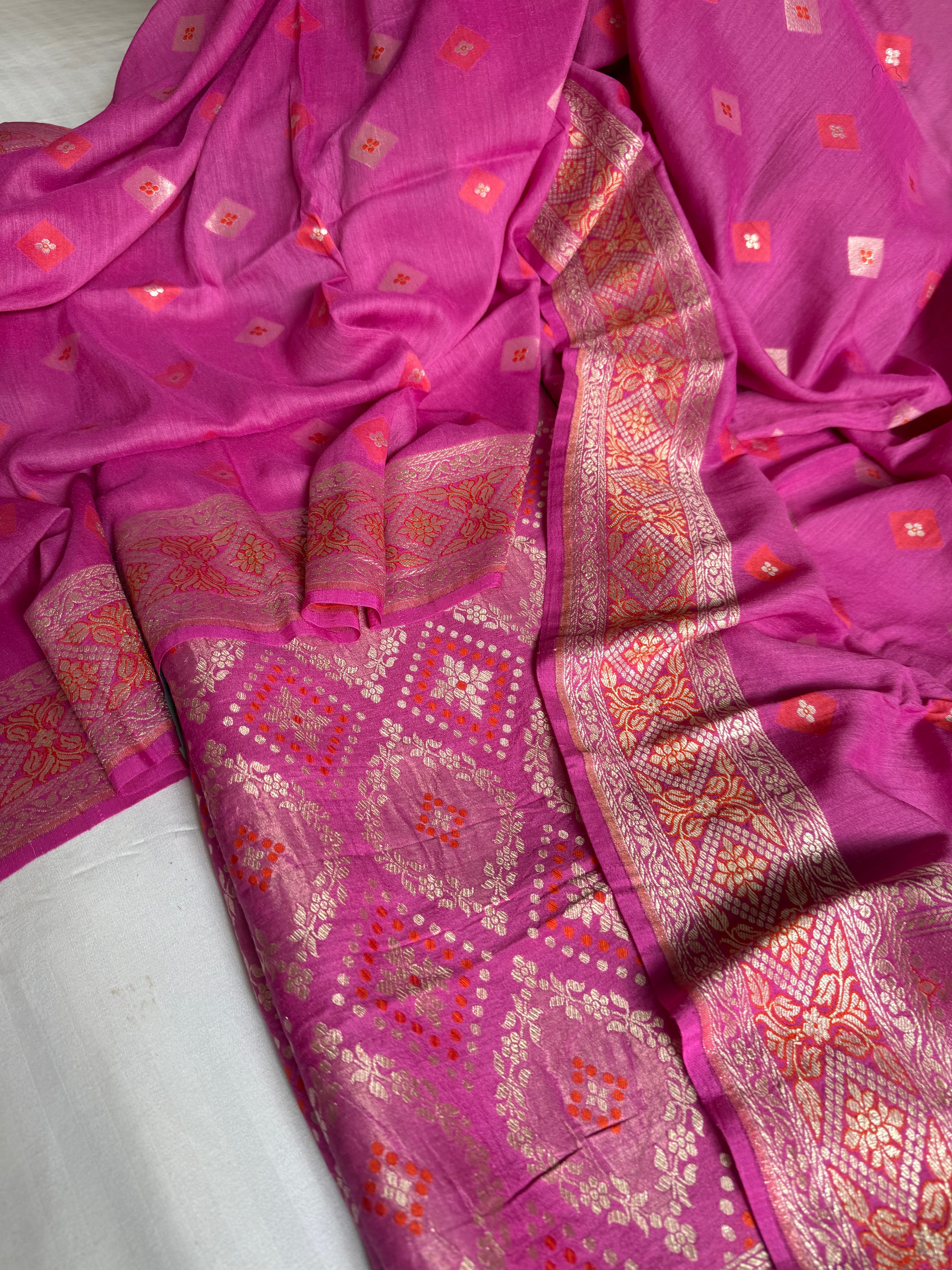 Strawberry pink moonga silk bandhej weaving kadhwa suit set