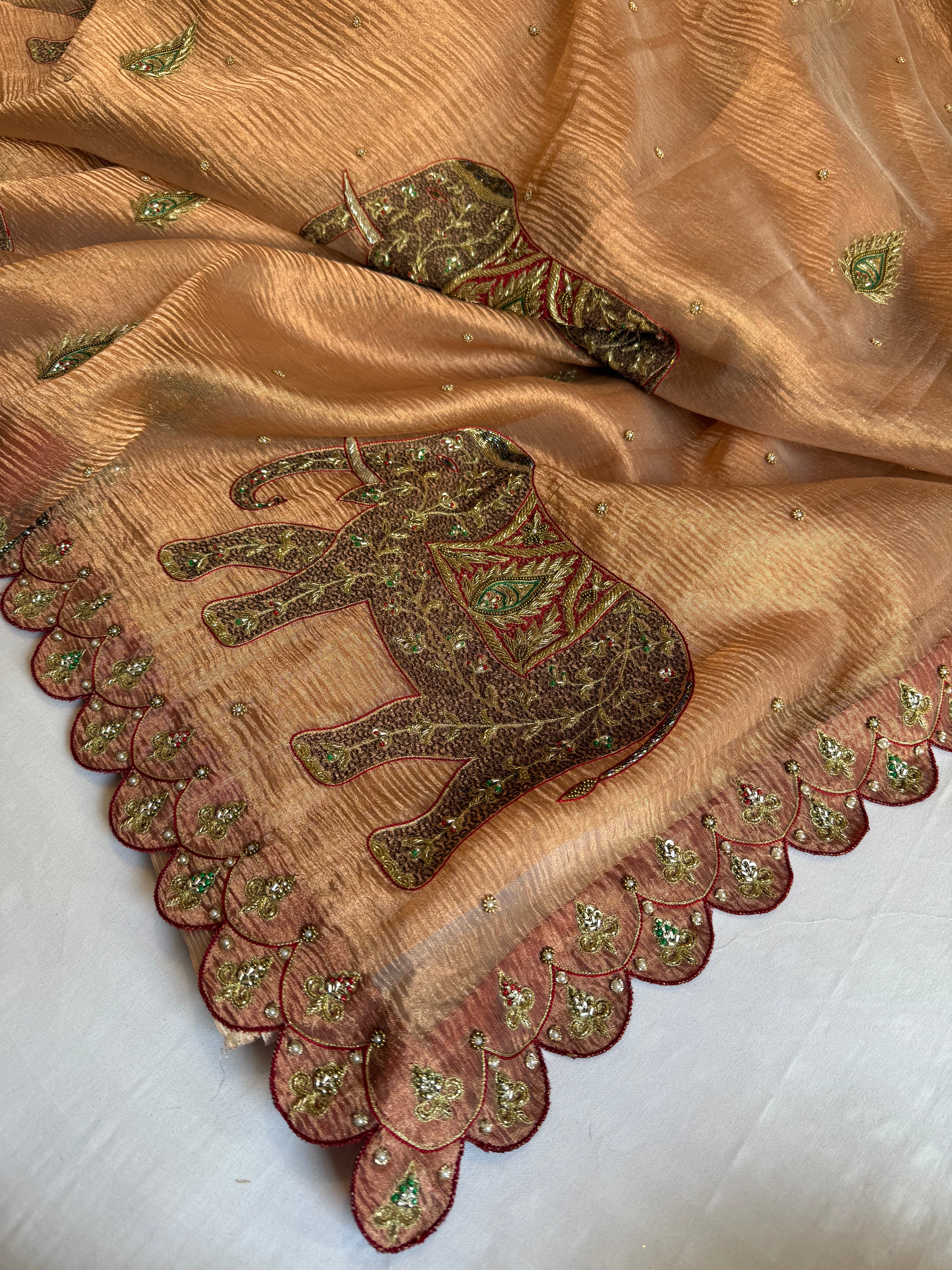 GajGamini crushed copper tissue silk elephant motif heavy hand embroidered meenakari work saree