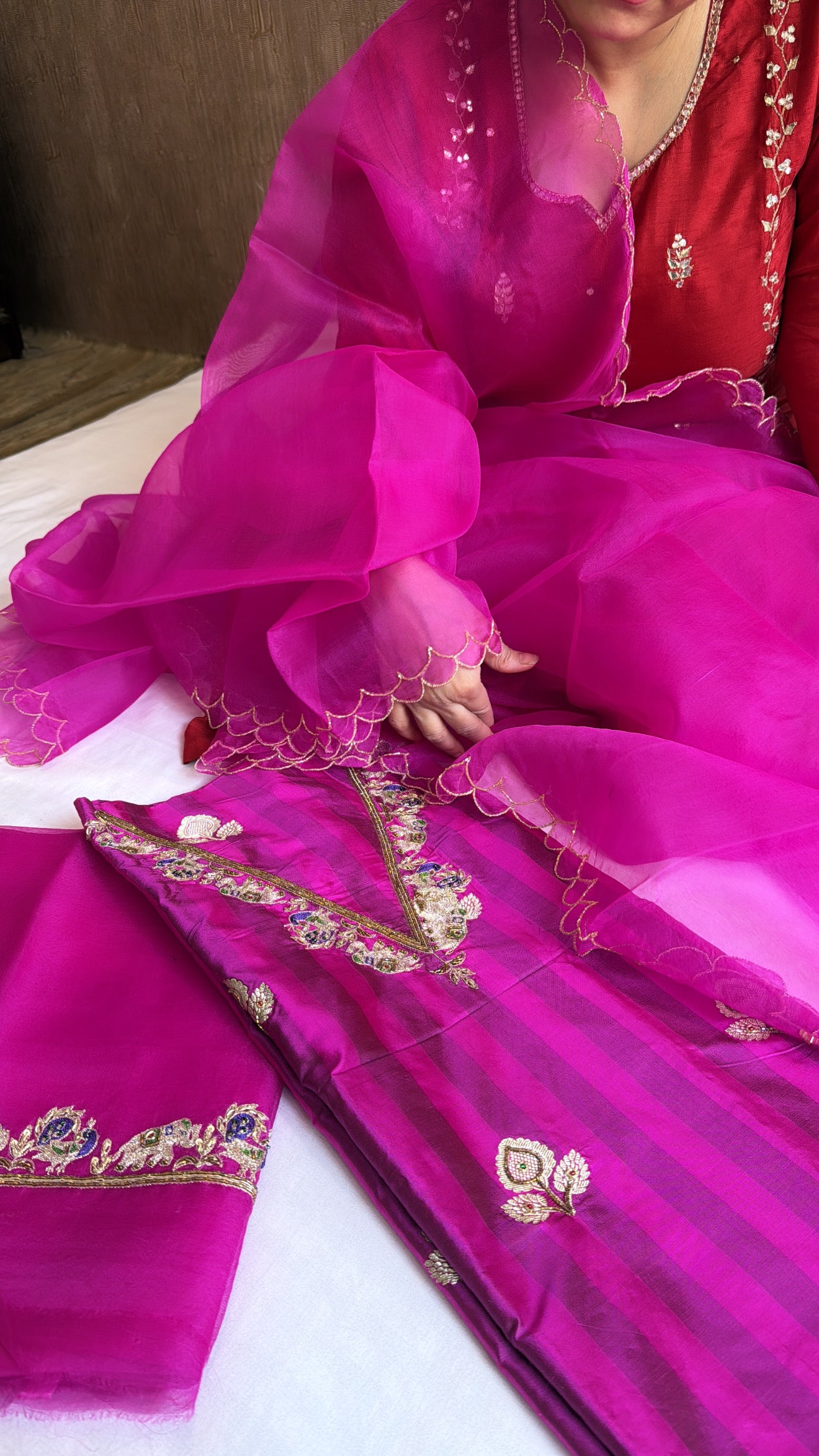 Hot pink-fuschia pink dhup chao effect katan silk striped kurta paired with Kora silk scalloped duppata set