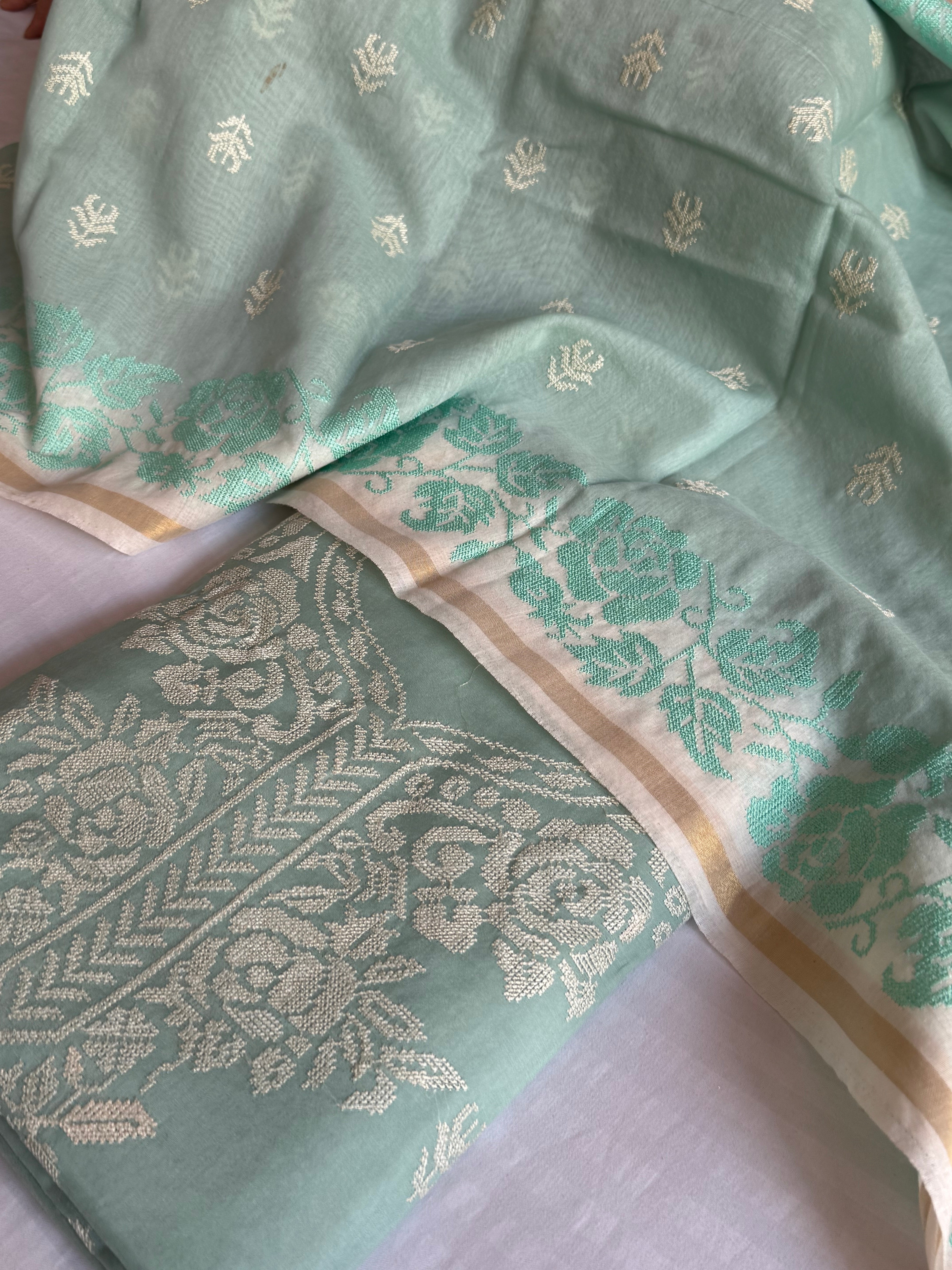 Fresh aqua green mul cotton cross-stitch hand embroidered suit set