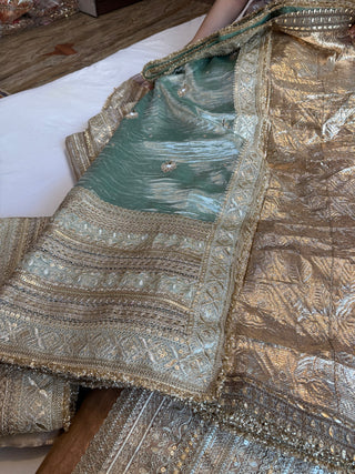 Lehenga style saree edit - Blush blue diamond tissue silk tilli work gotapatti skirt border saree