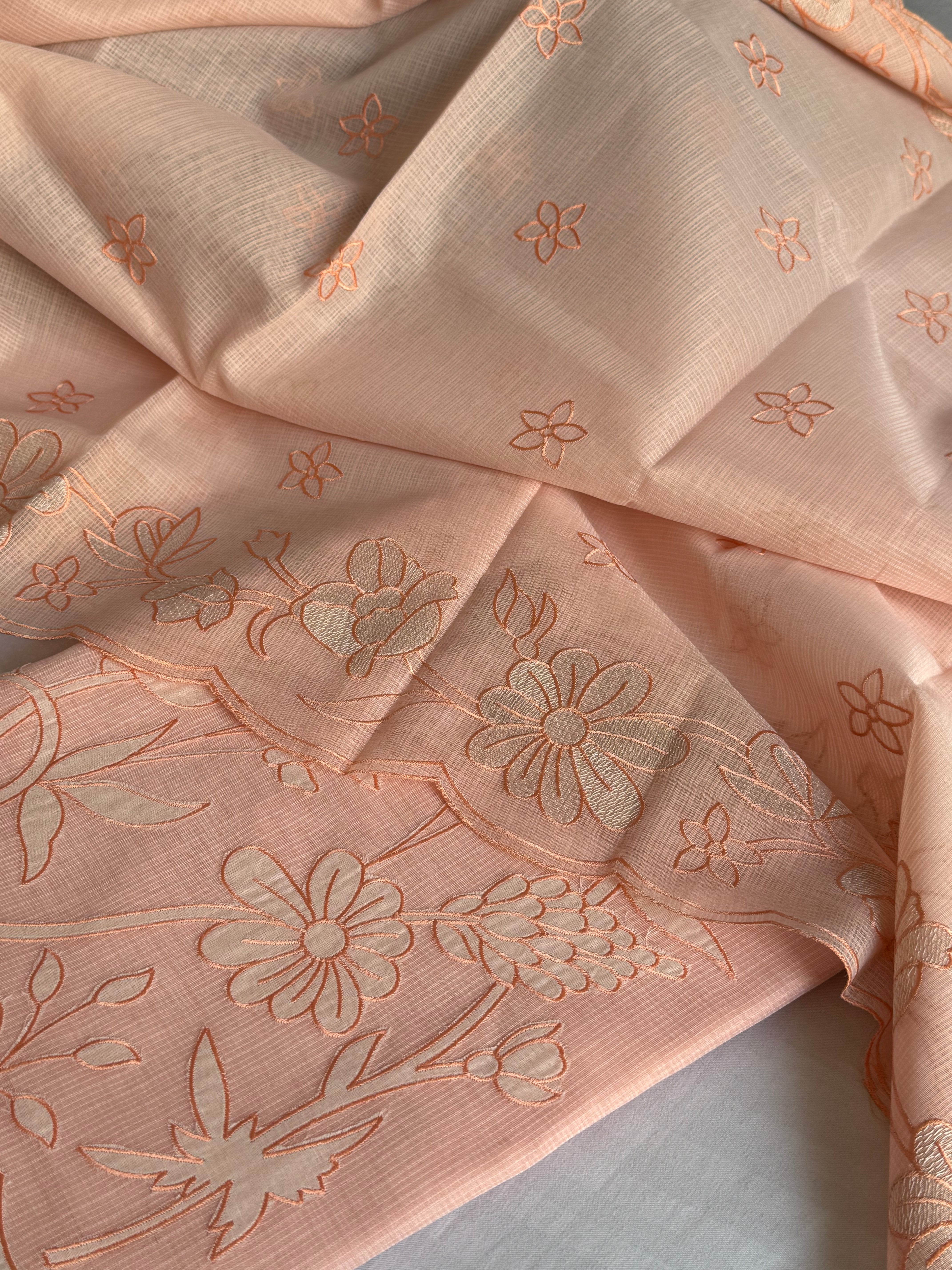 Blush peach kota check appliqué work kadhwa suit set