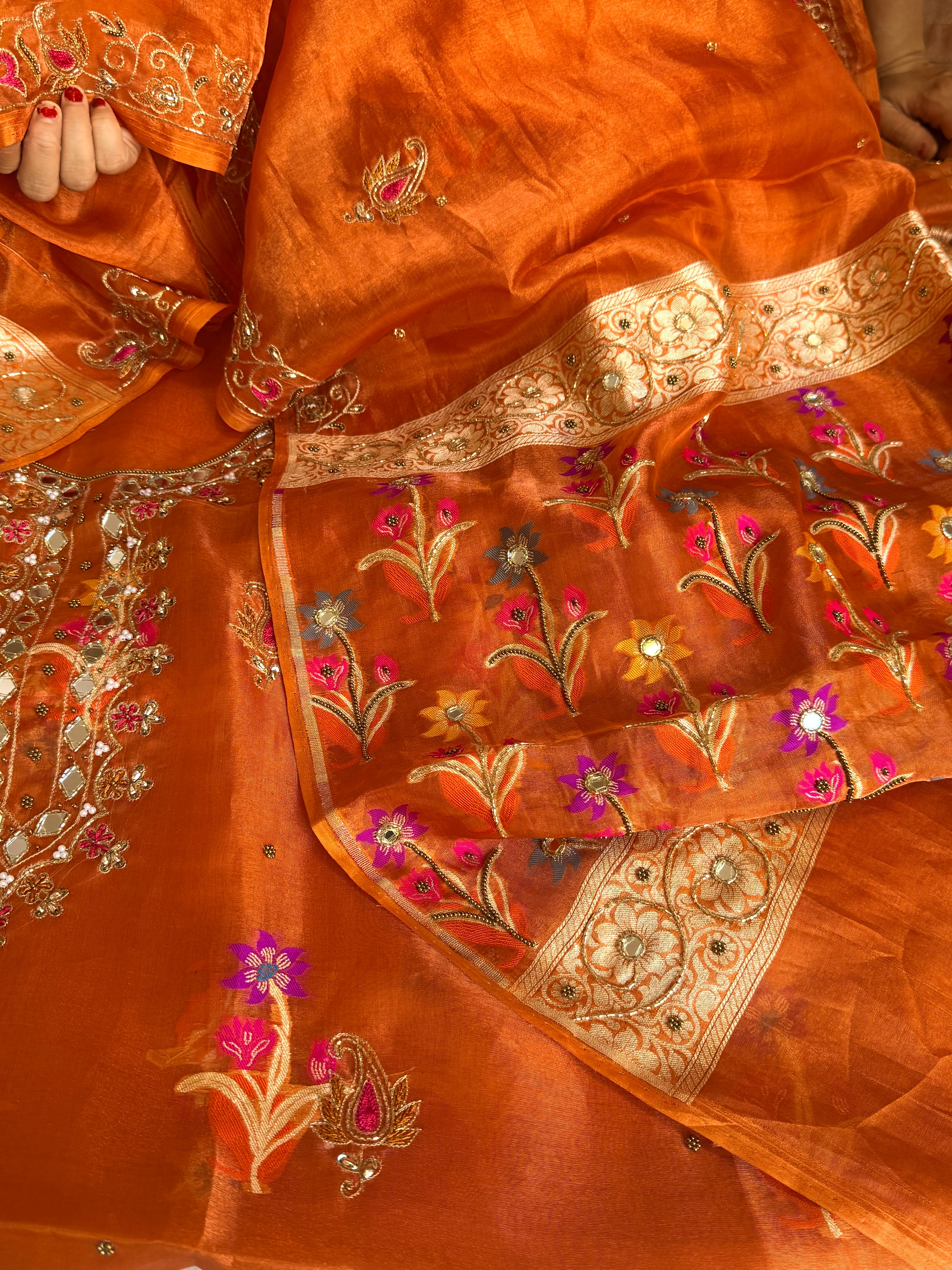 Banarasi tissue silk fanta orange tissue silk meenakari hand embroidered suit set