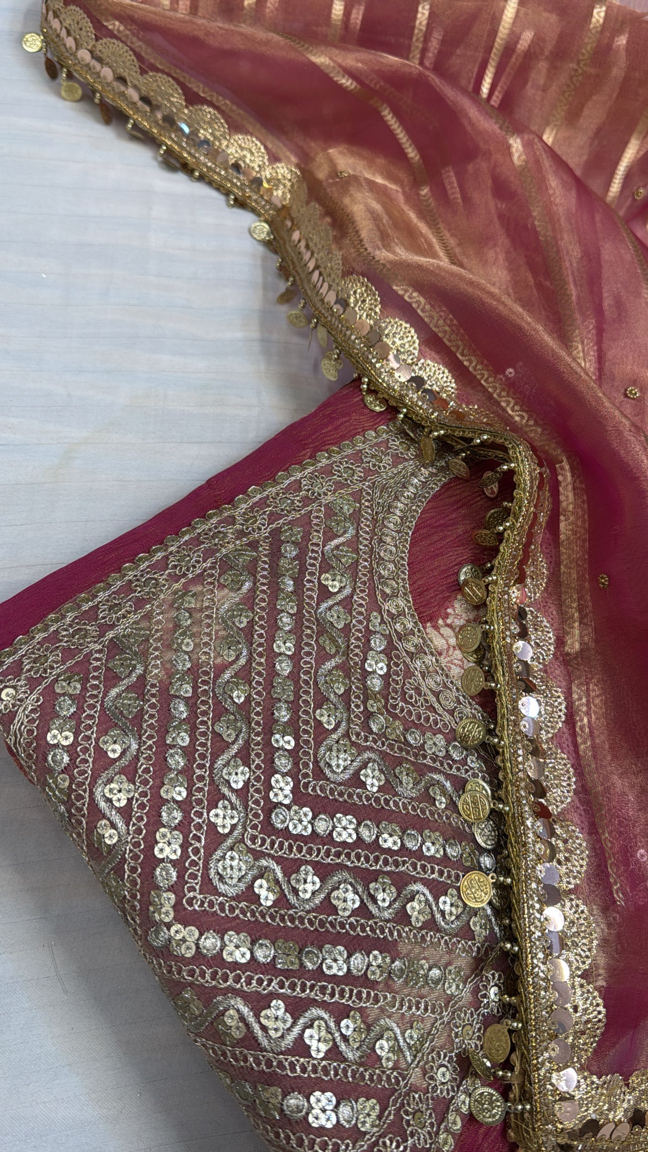 Shagun ke suits - Cherry pink gotapatti tissue silk kadhwa suit sets