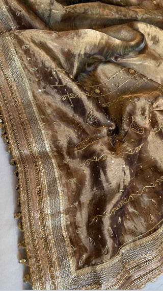 Printed tissue silk heavy hand embroidered kadhwa sarees