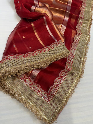 Hot red maharani tissue silk kadhwa buti saree