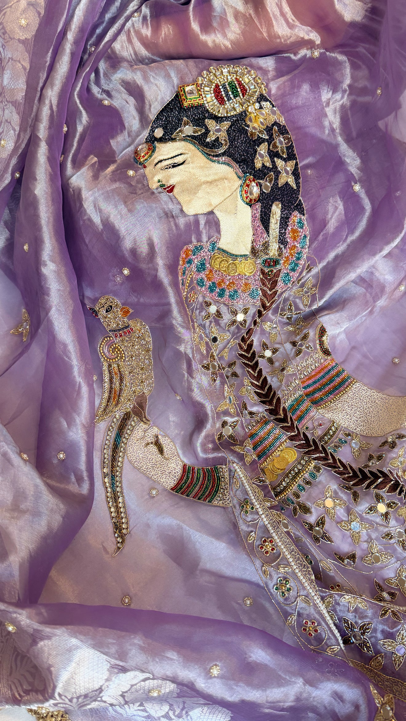 Heer saree with jadau necklace work hand embroidered tissue silk lilac saree