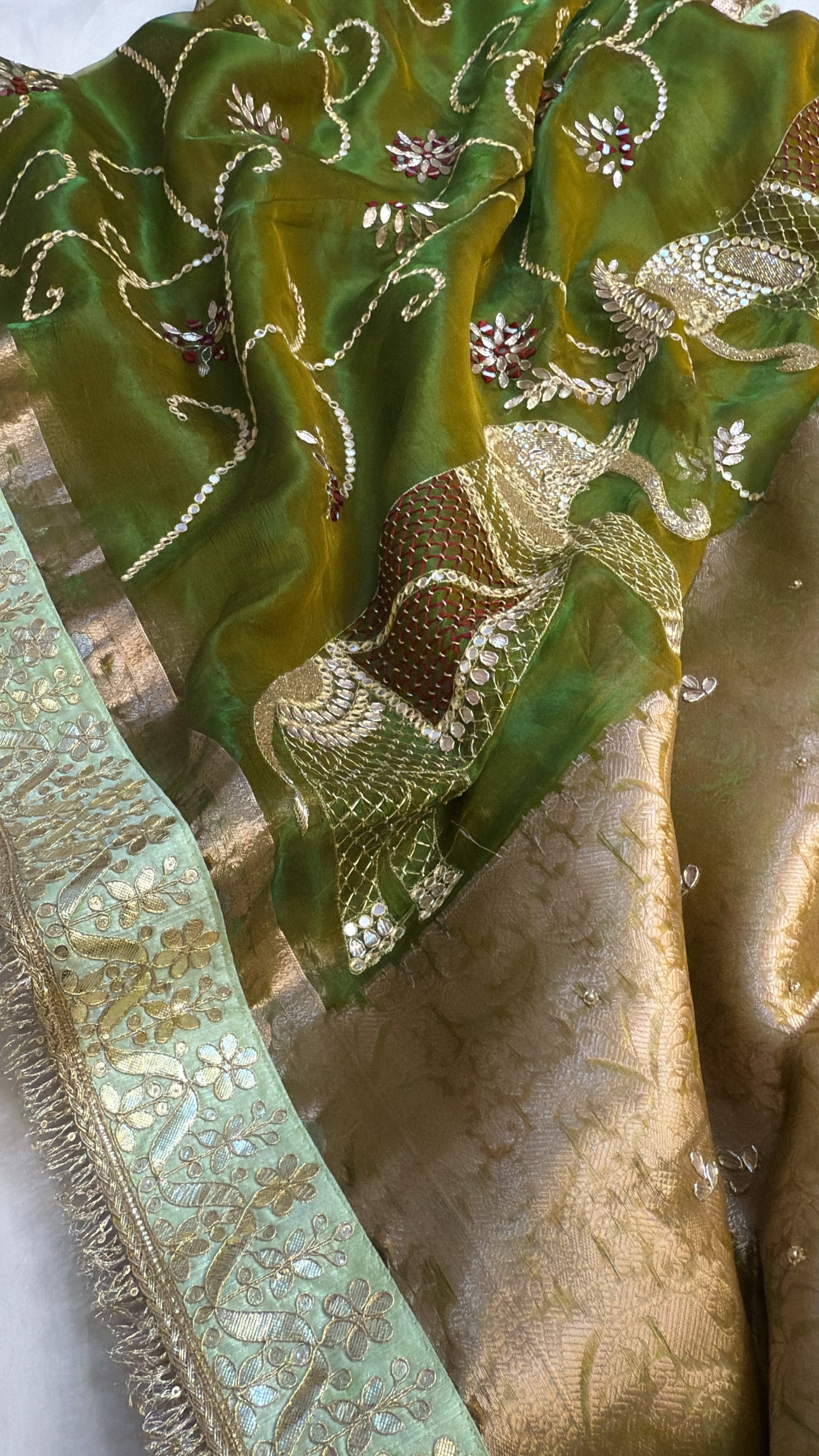 Mehendi green elephant motif heavy mirror work hand embroidered kadhwa saree