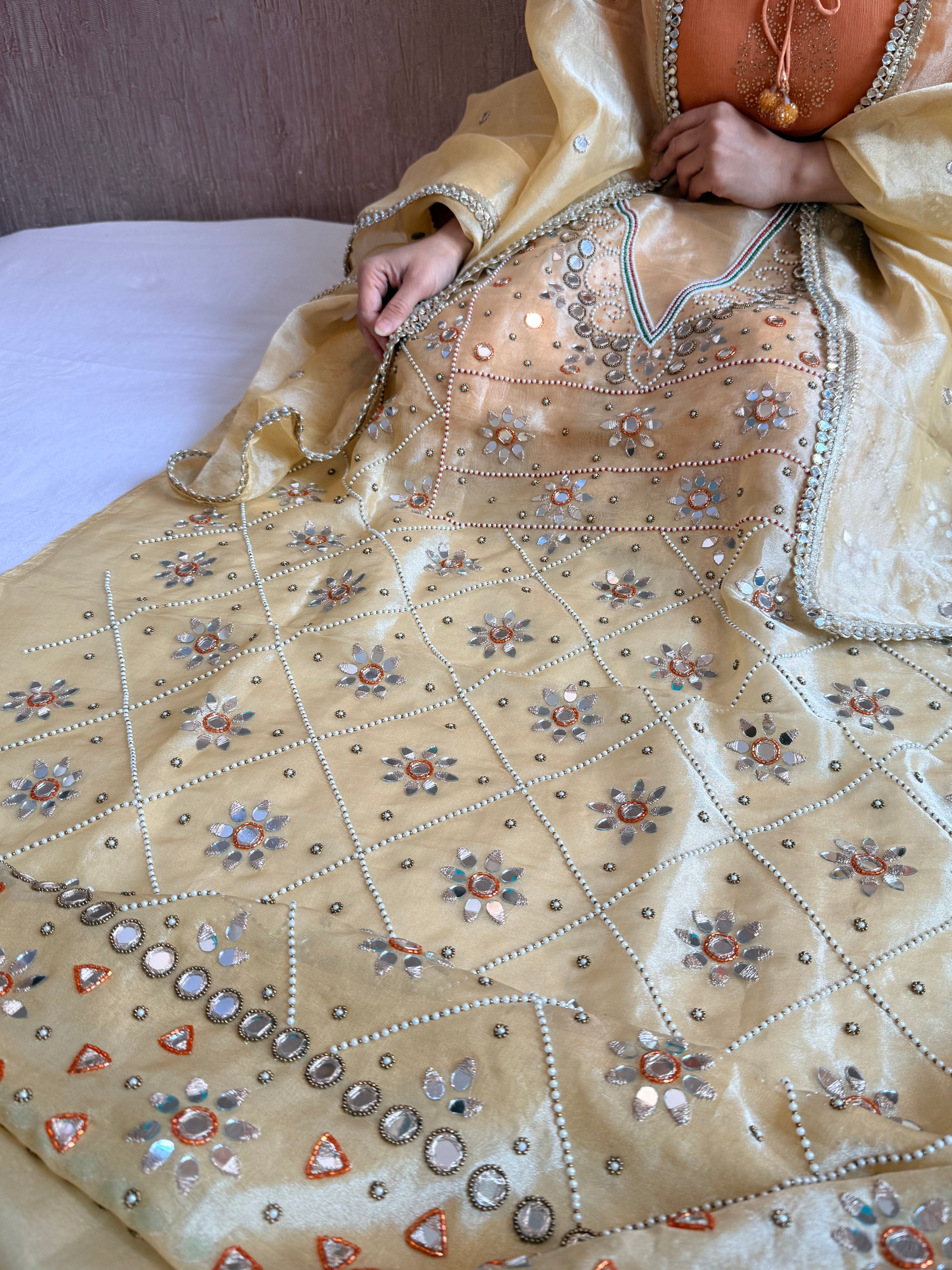 Sheeshmahal suit - Lime yellow tissue silk mirror work hand embroidered suit set