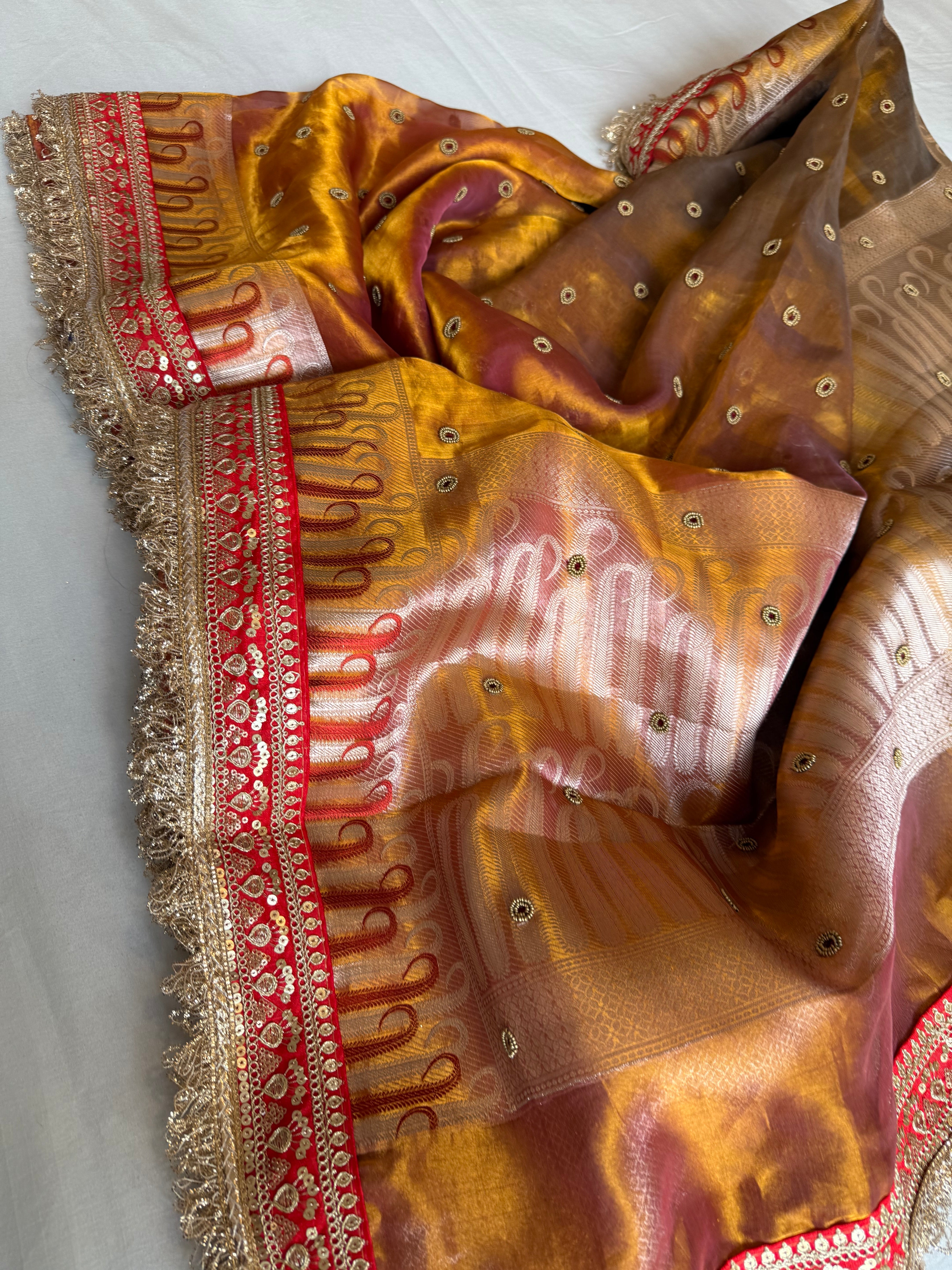 Kanjivaram gold tissue silk red meenakari hand embroidered kadhwa saree