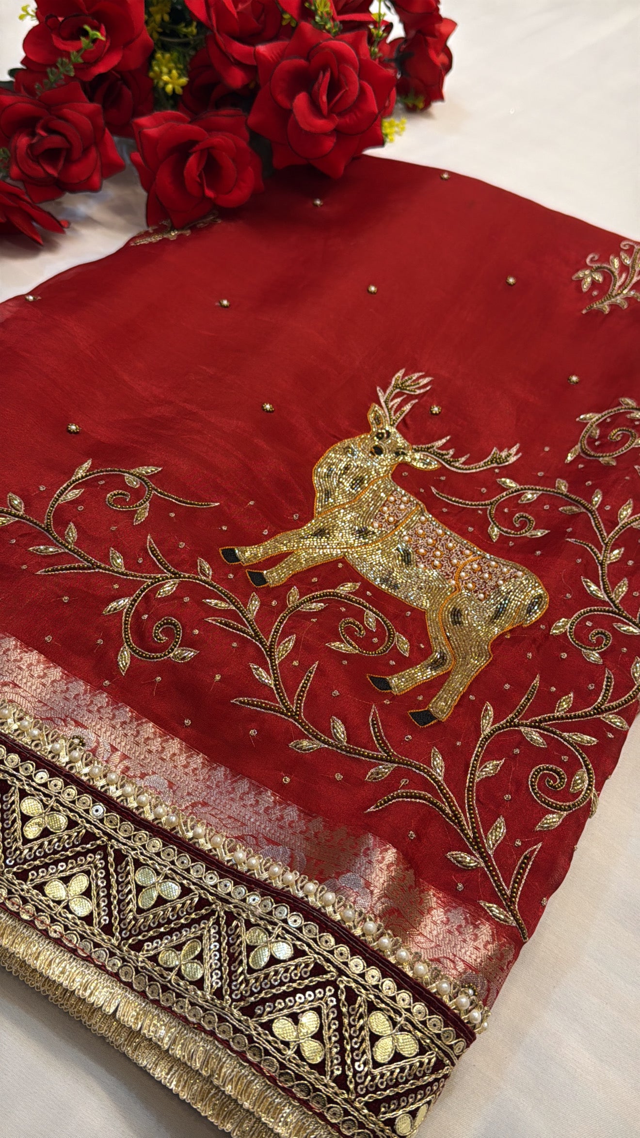 Dulhan ka joda husn red tissue silk hand embroidered kadhwa saree