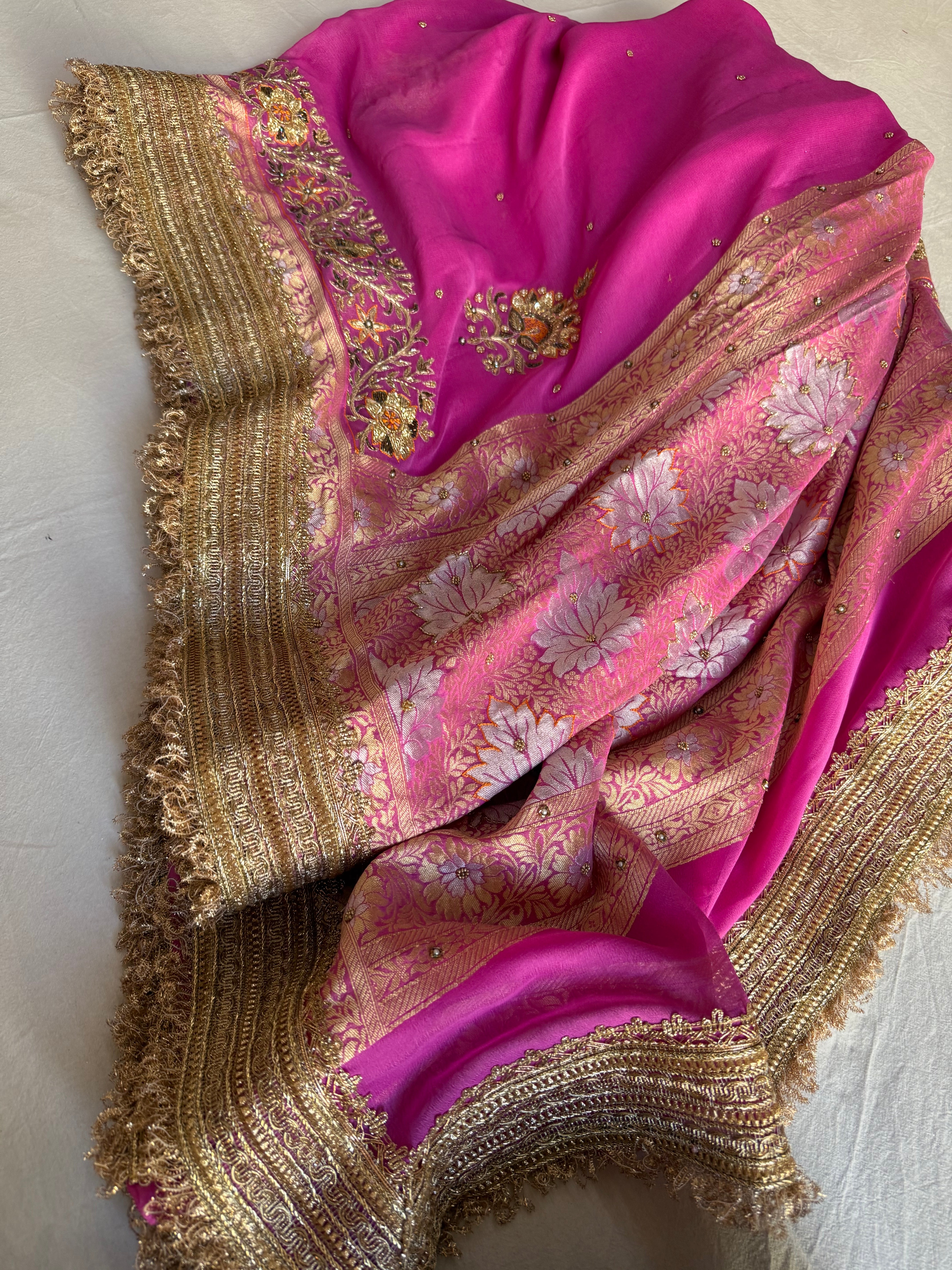 Hot pink gorgette kadhwa hand embroidered sona rupa saree