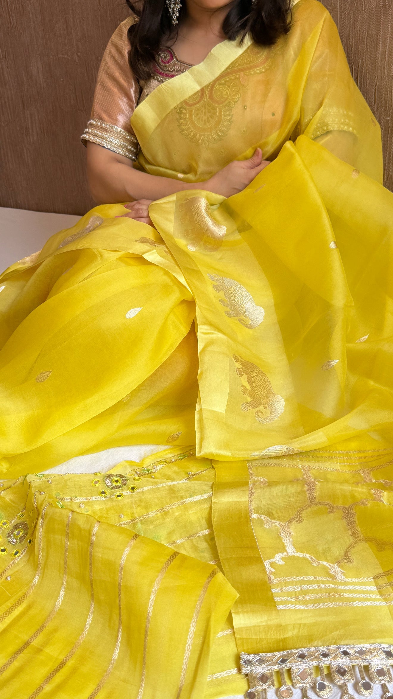Lemon yellow banarasi kora silk hand embroidered saree