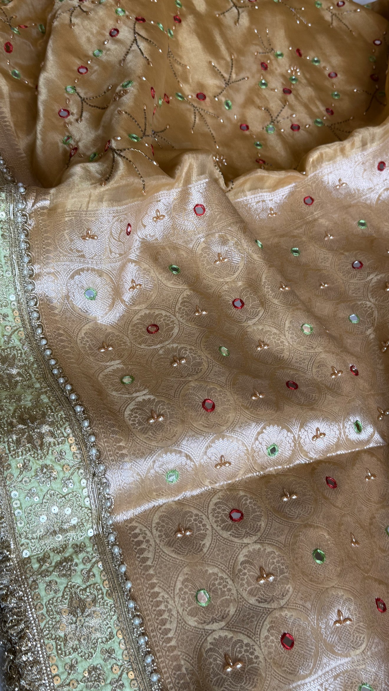 Sheesham edit - Heavy double tissue silk mirror work hand embroidered saree