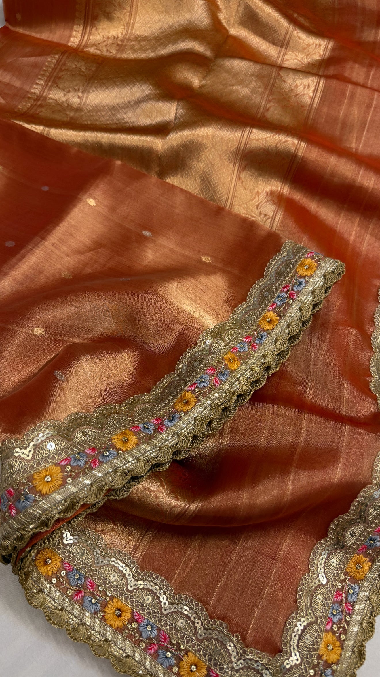 Maharani tangerine red tissue silk saree