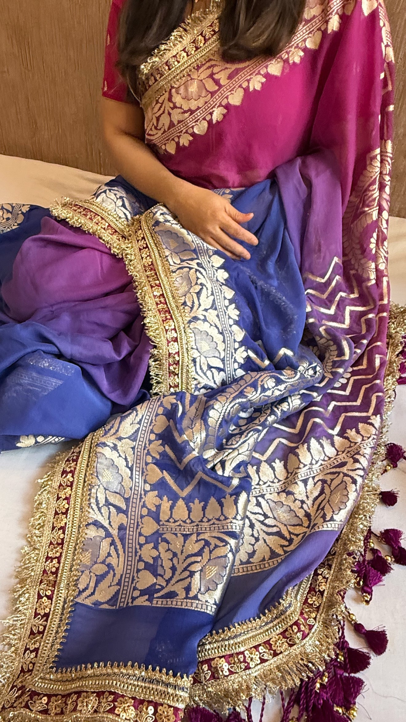 Basanti 4D shaded ombre dyed chiffon gorgette kadhwa saree