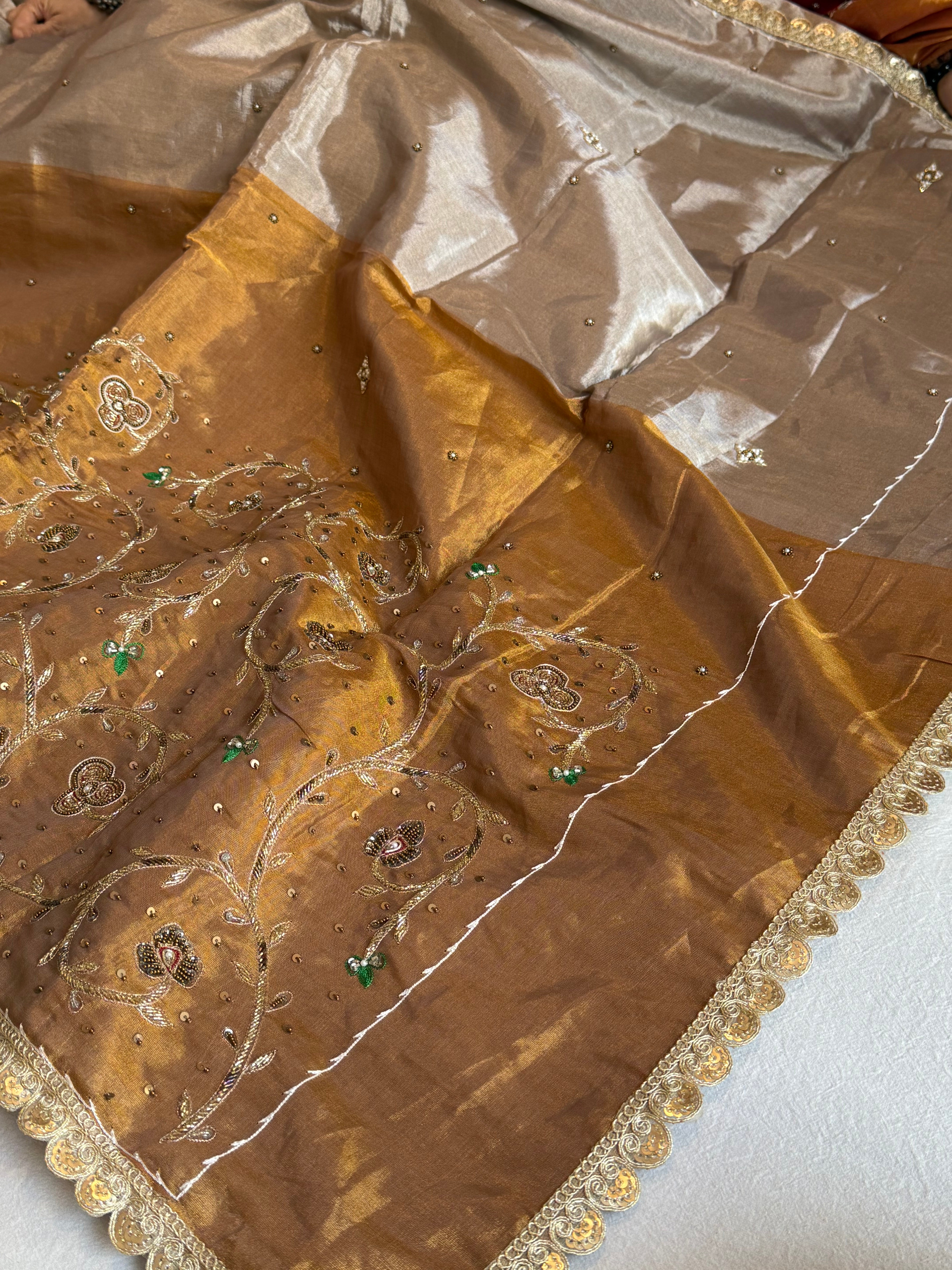 Satin tissue silk molten gold-silver hand embroidered banarasi saree