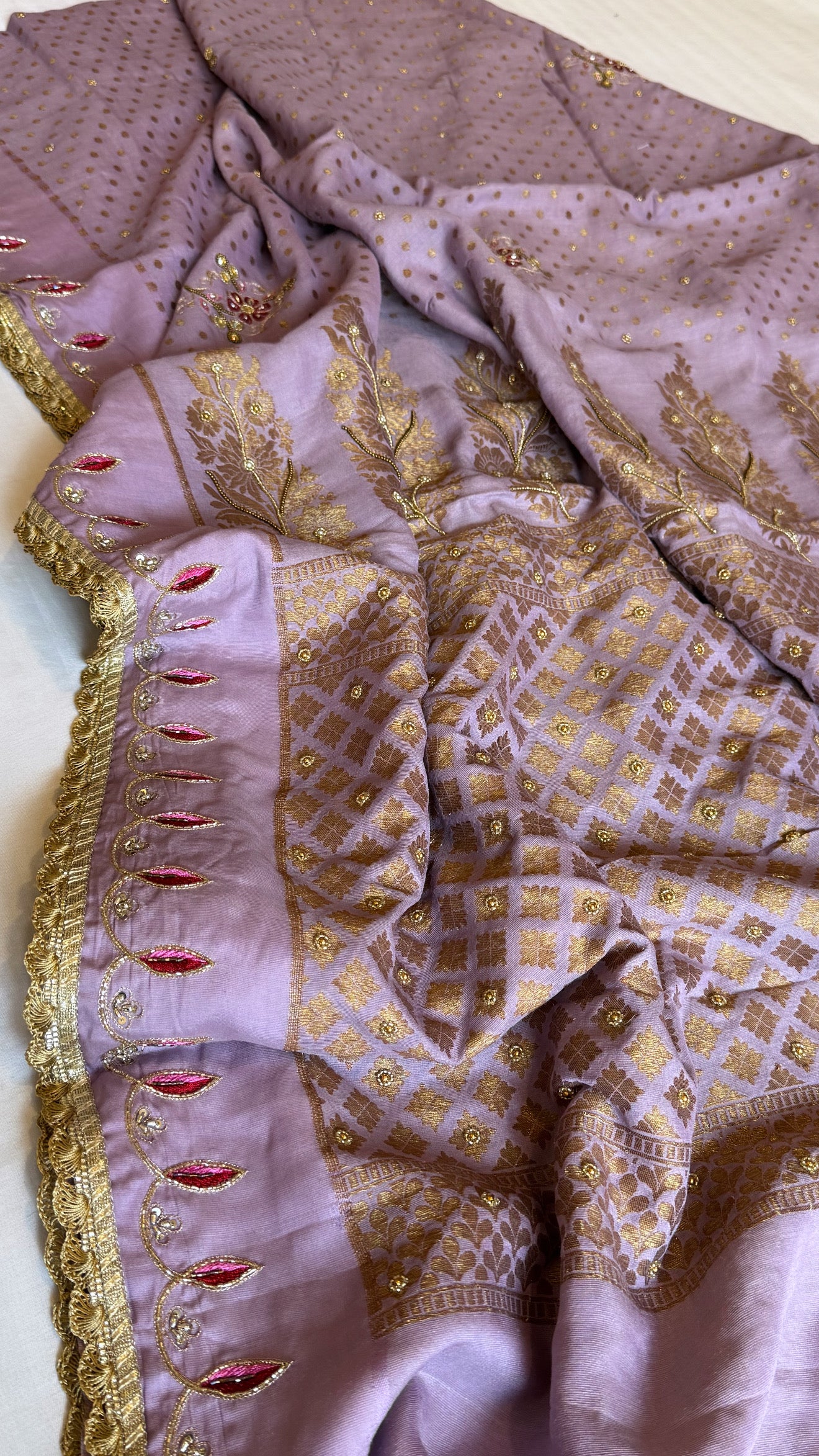 Dusty lilac moonga silk antique zari hand embroidered kadhwa saree