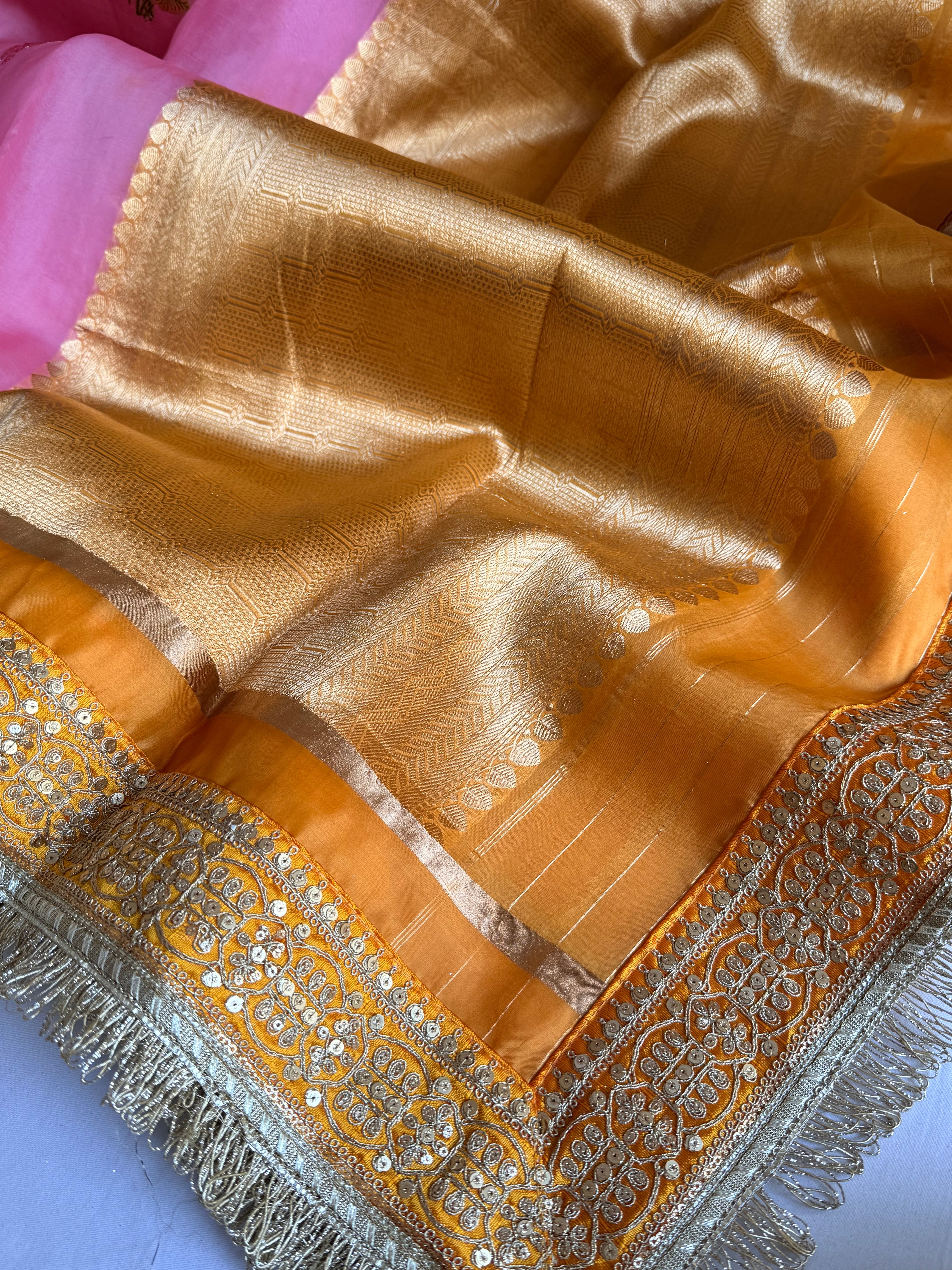 Banarasi leela candy pink-orange kora silk kadhwa saree