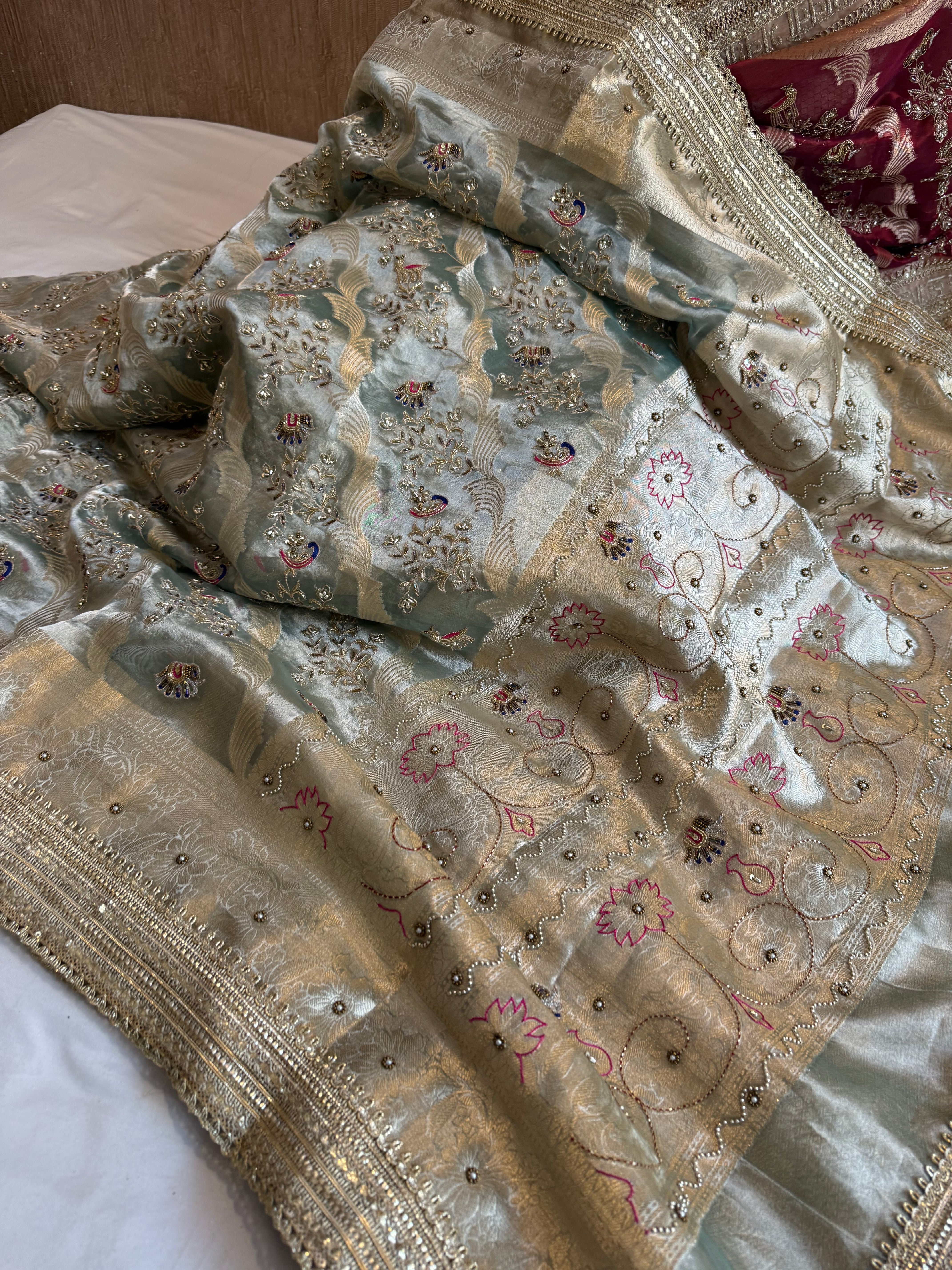 Nayi suhagan edit - Ice water blue tissue silk zardozi and marodi work hand embroidered jaal work saree