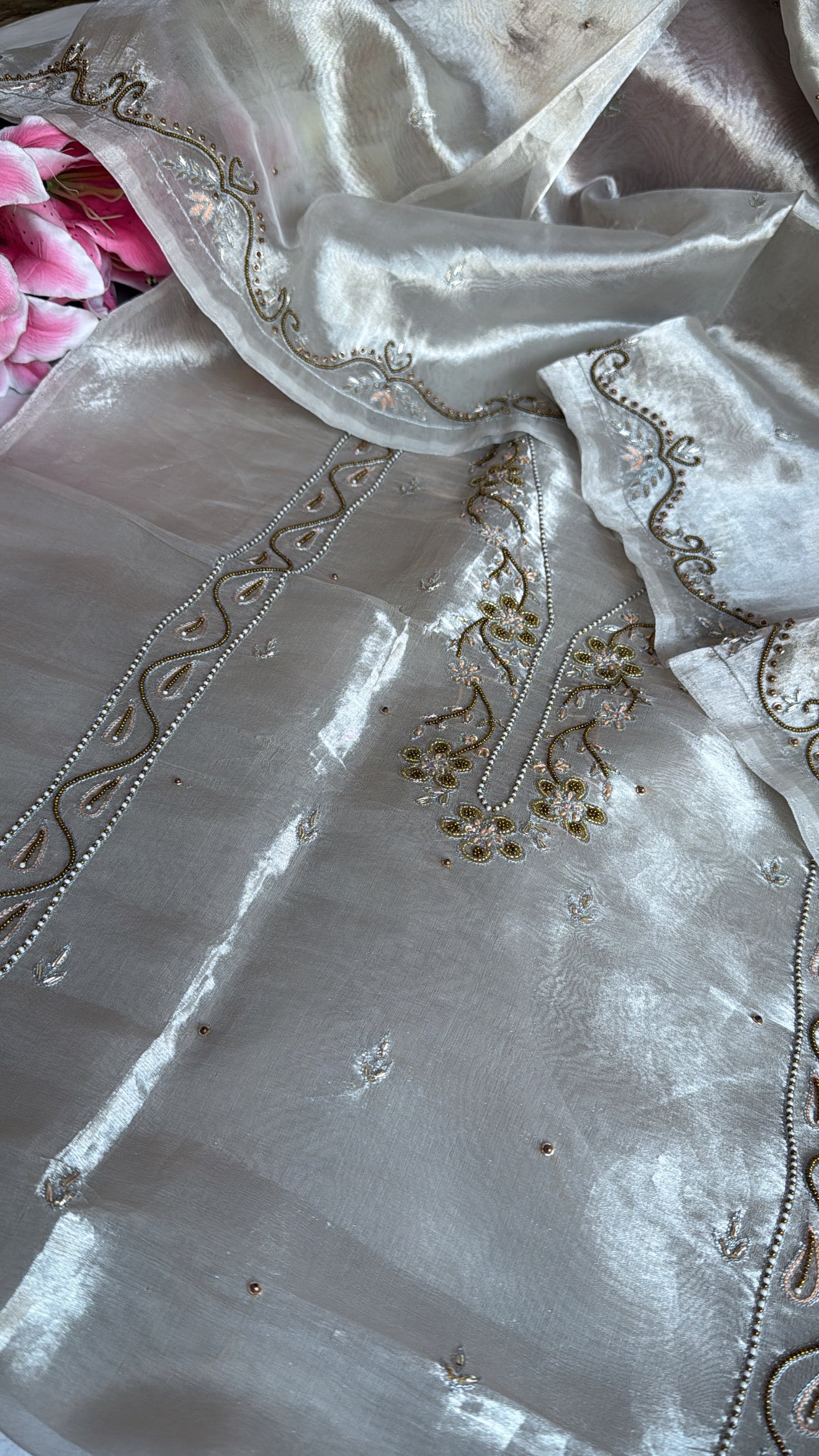Diamond tissue silk hand embroidered heeramandi kadhwa suit set