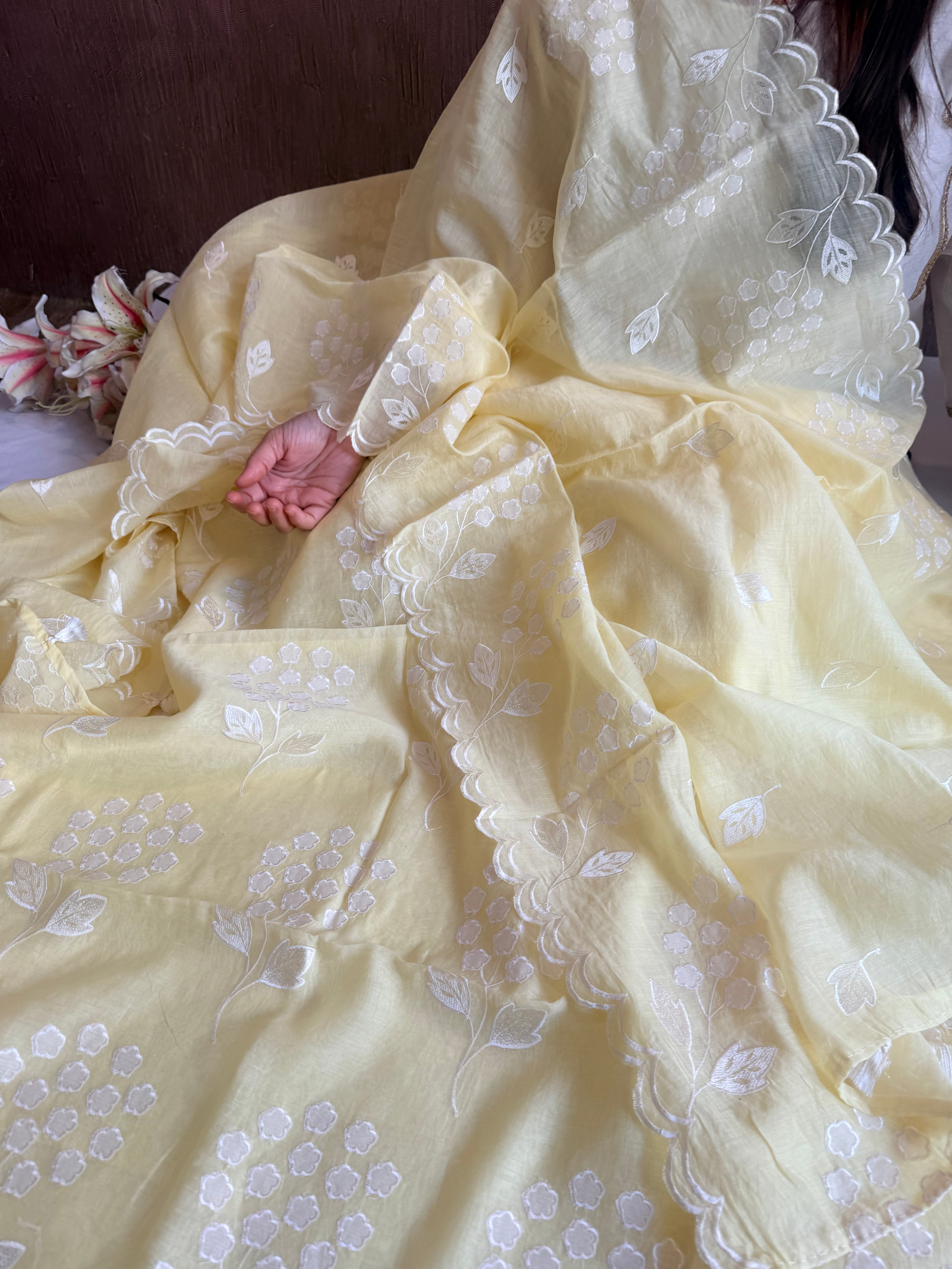Alia bhatt inspired banarasi mulmul appliqué work suit set