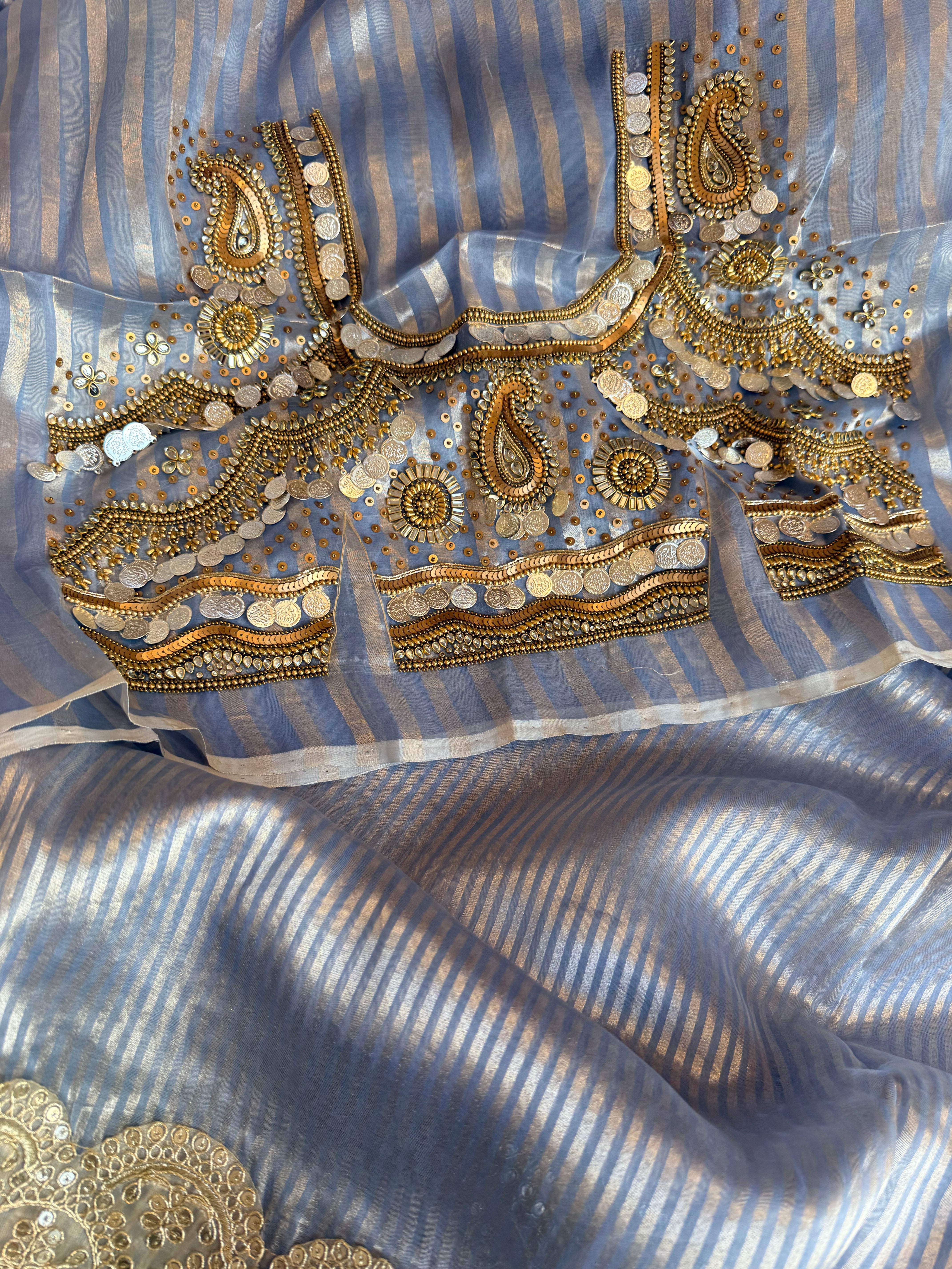 Kundan blouse edit -  tissue silk hand embroidered striped saree with jewellery blouse