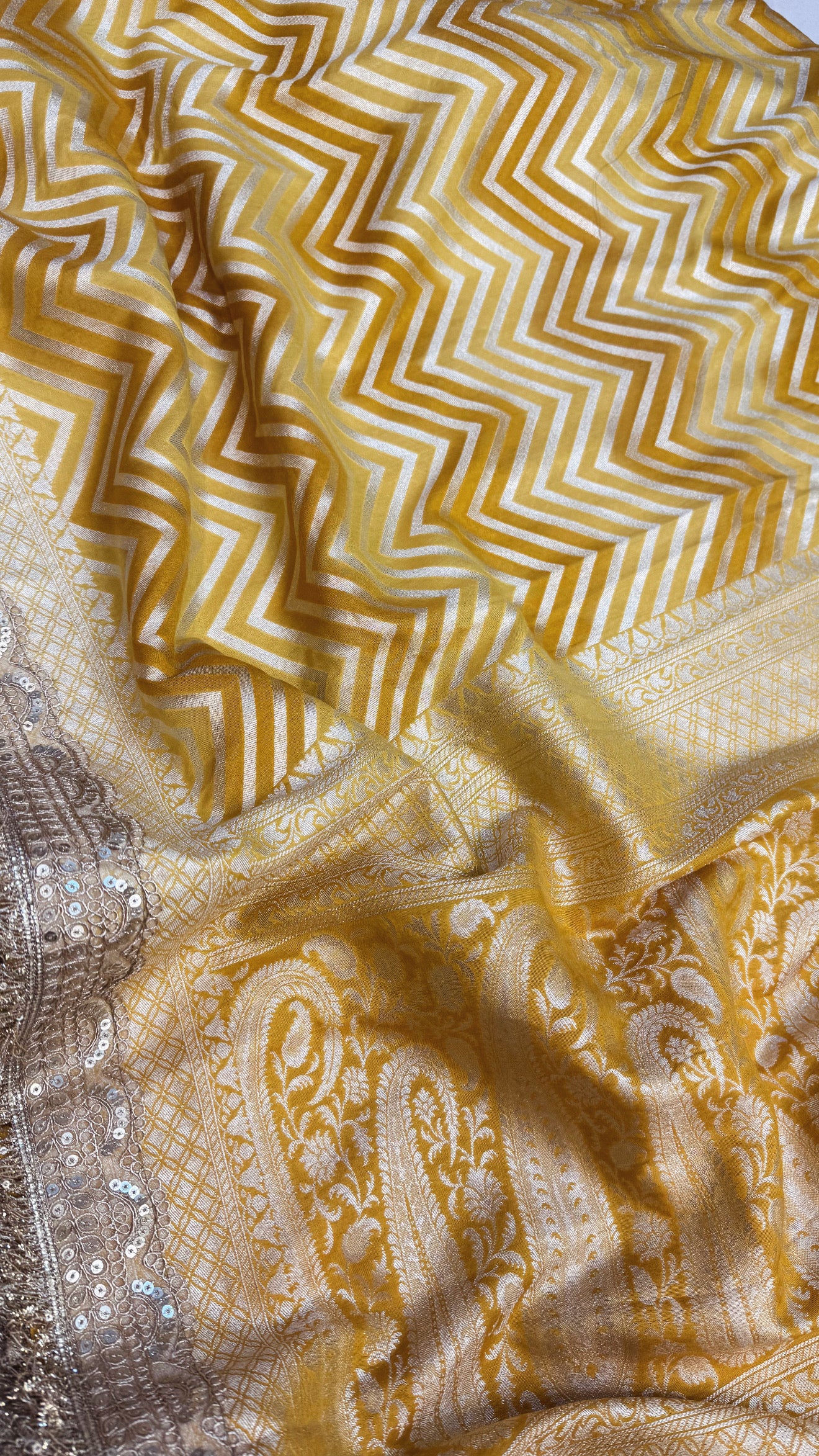 Rangkaat dye mango yellow moonga silk silver zari chevron weaving kadhwa saree
