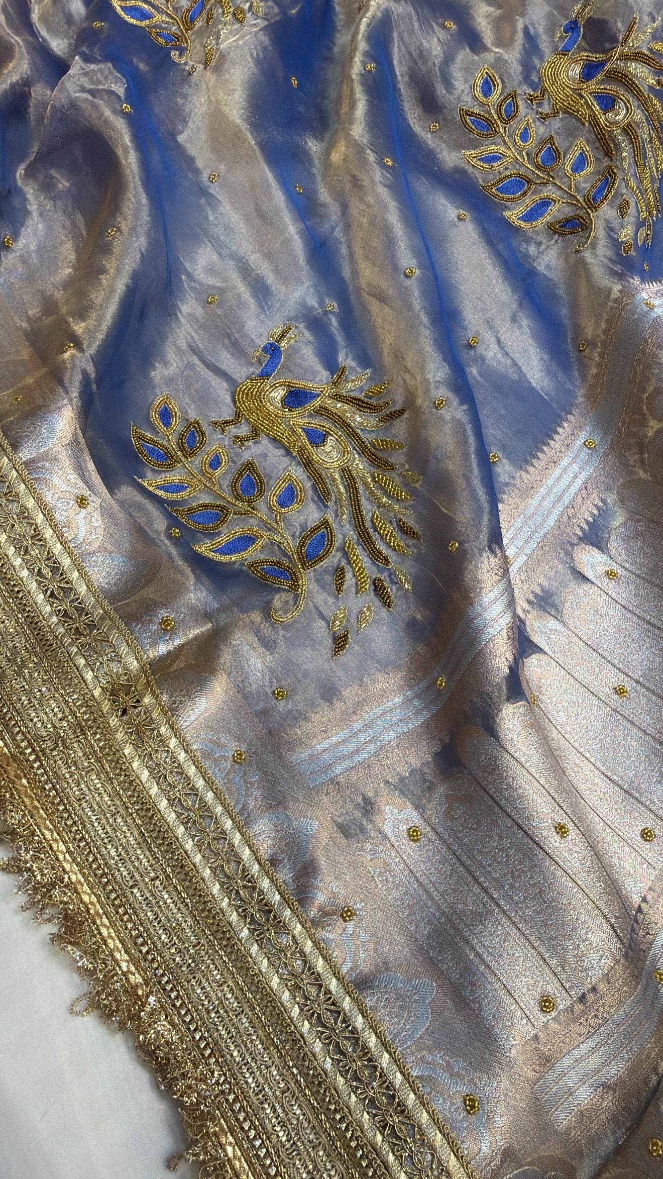 Royal ink blue tissue silk peacock motif kadhwa hand embroidered saree