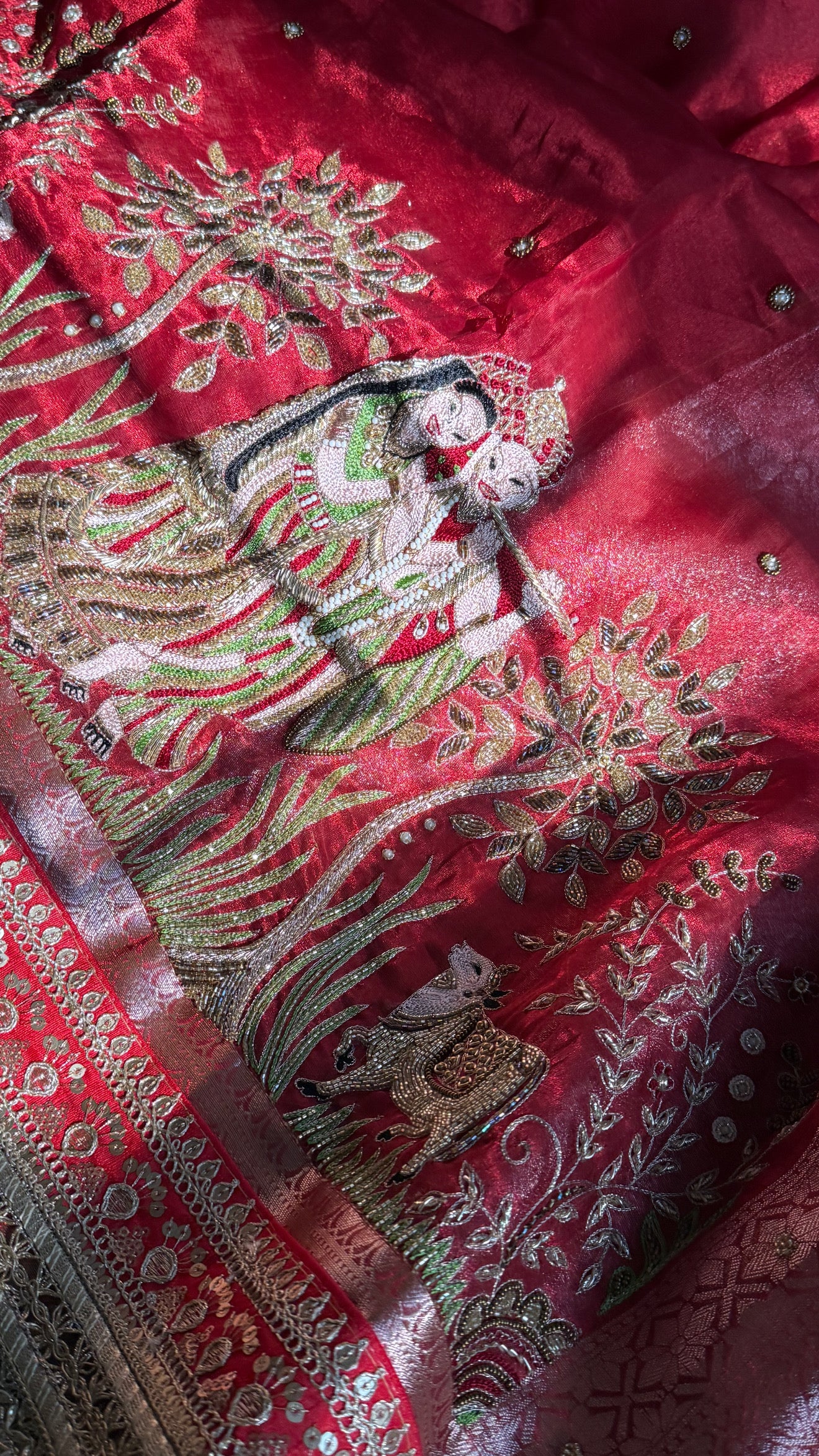 Teej special - Blood metallic red radha krishna hand embroidered kadhwa saree