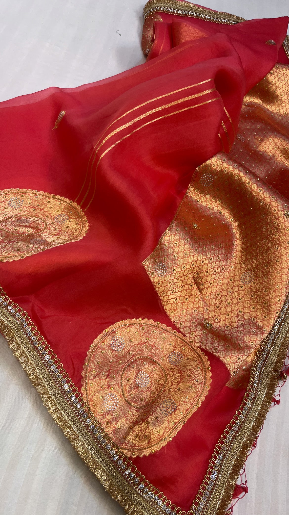 Tomato red sitara kora silk stonework saree